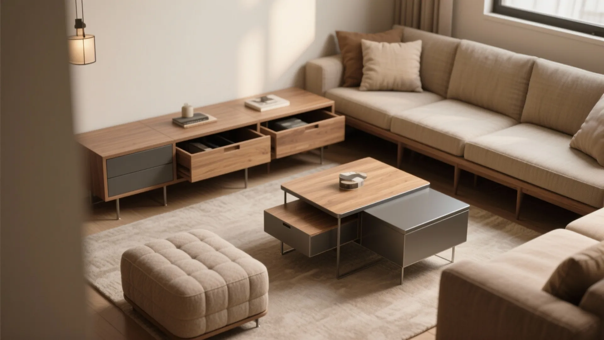 Modern living room with a wooden cabinet beige sofa coffee table and a square footrest