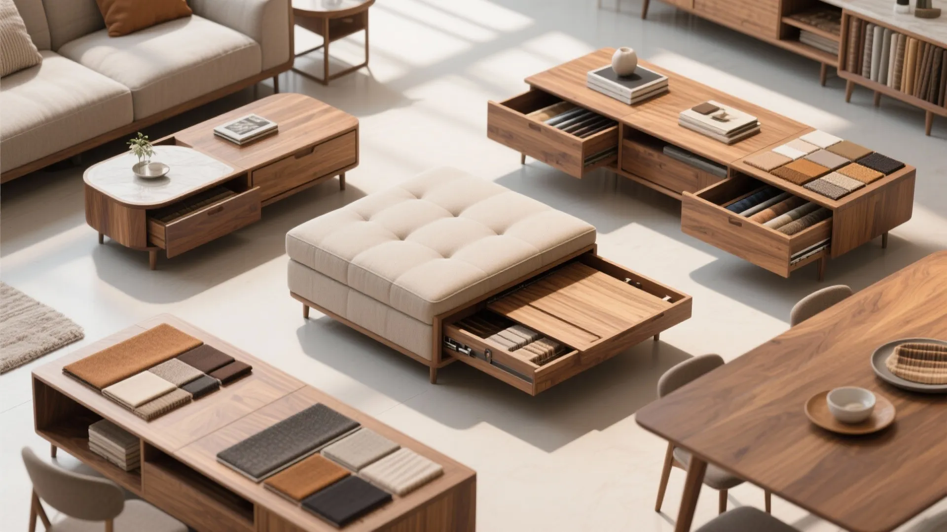Wooden footrest and cabinets with open storage drawers showing fabric samples in a bright room