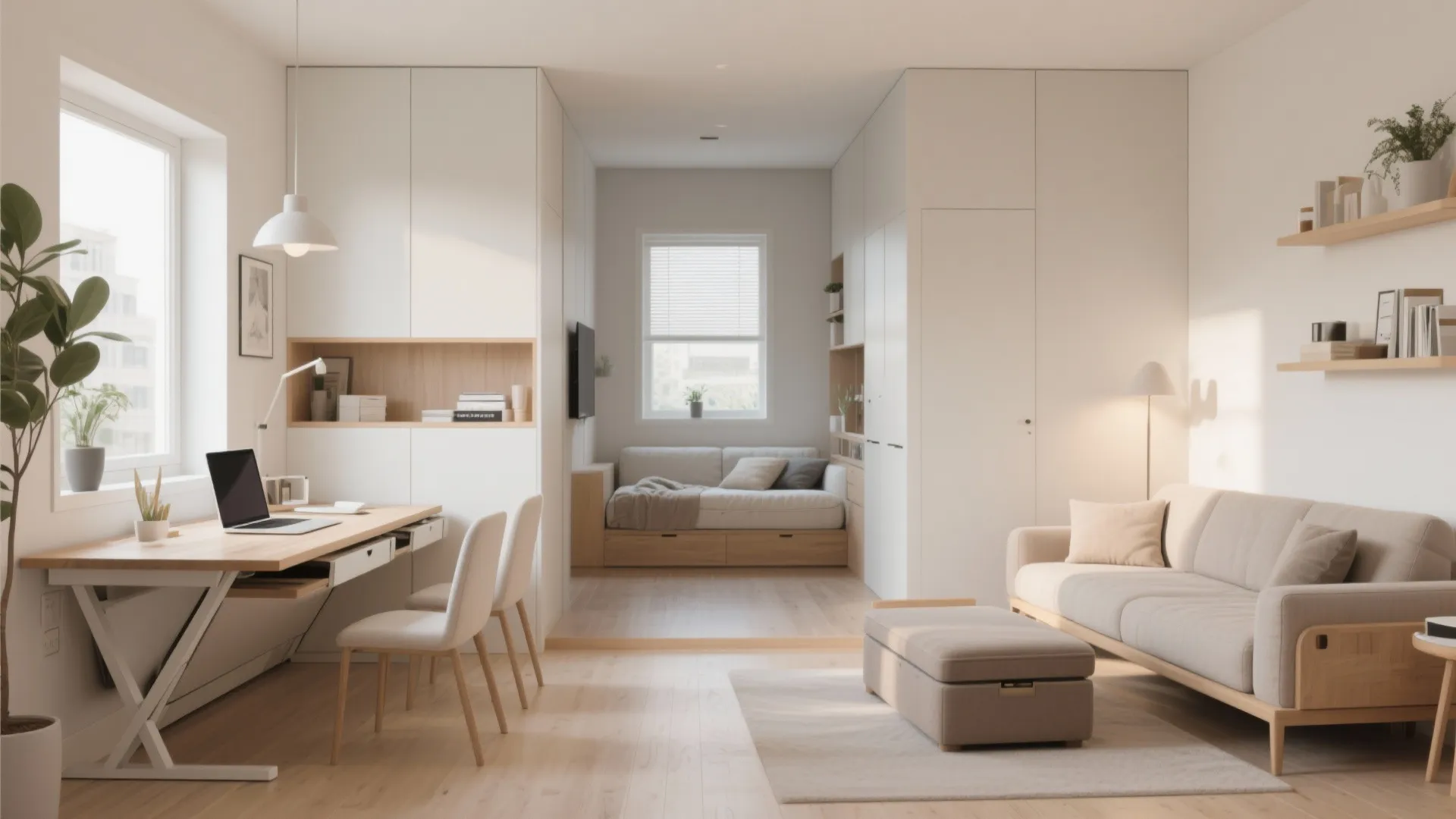 Small apartment studio with white desk sofa footrest and a built in bed near window