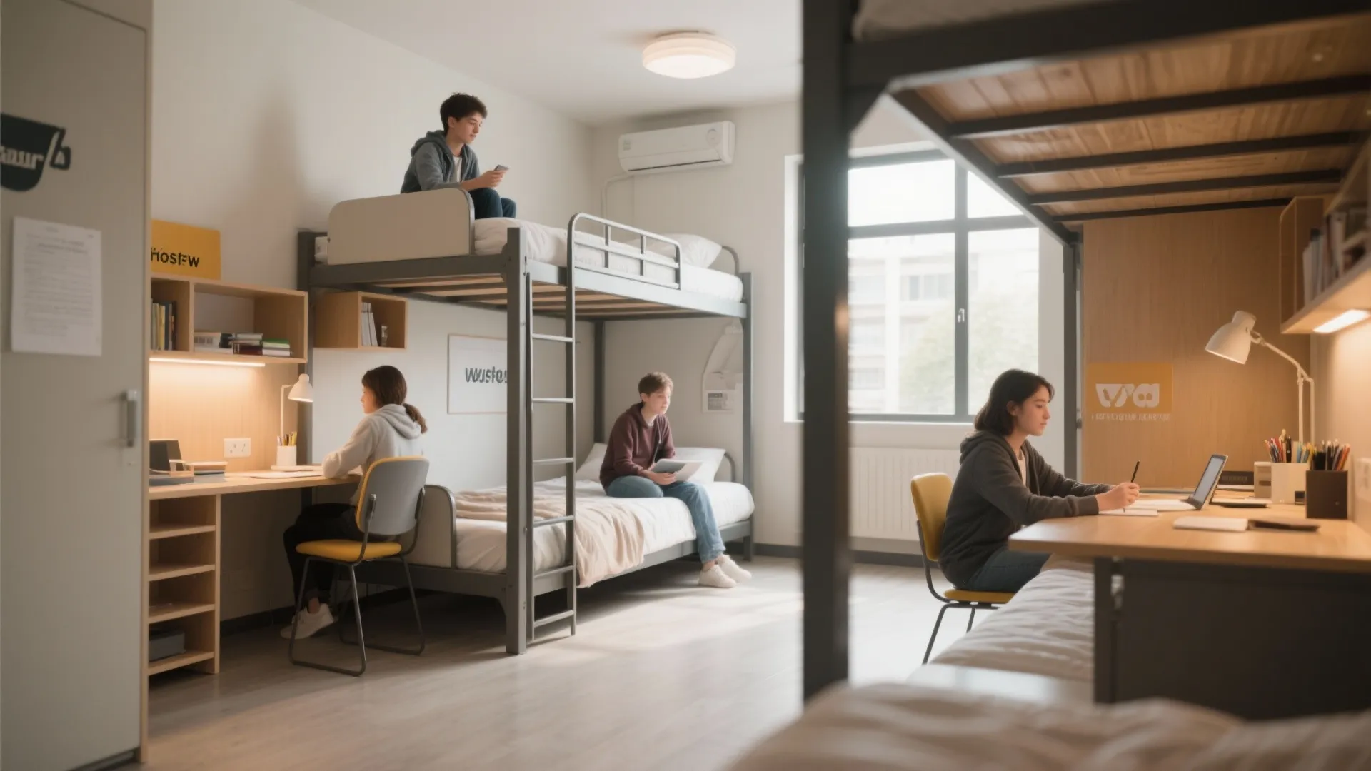 Students studying in a shared bedroom with bunk beds, desks, laptops, and a ceiling light