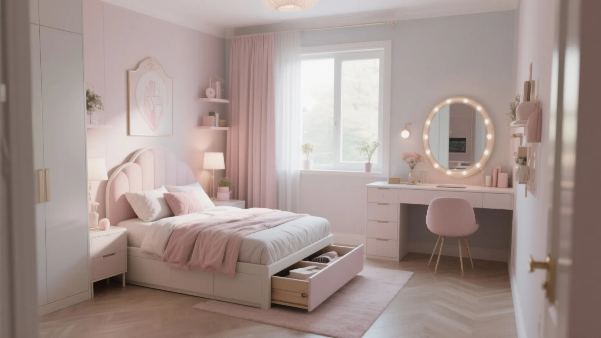 Pink bedroom showing a white bed with open storage drawer, makeup desk, and round mirror