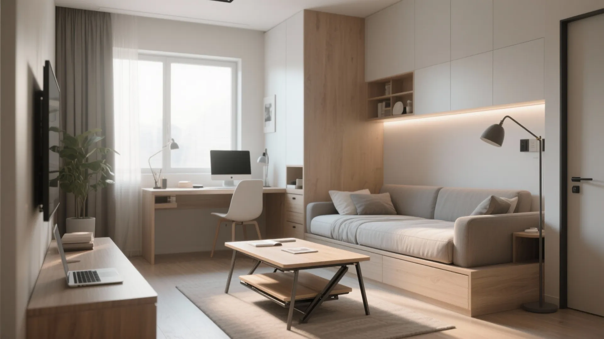 Small apartment interior design drawing with sofa bed and desk in a bright compact room