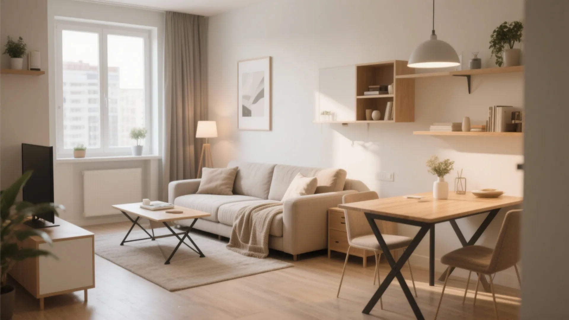 Bright living room area with beige sofa, wooden coffee table, dining set, and storage shelves