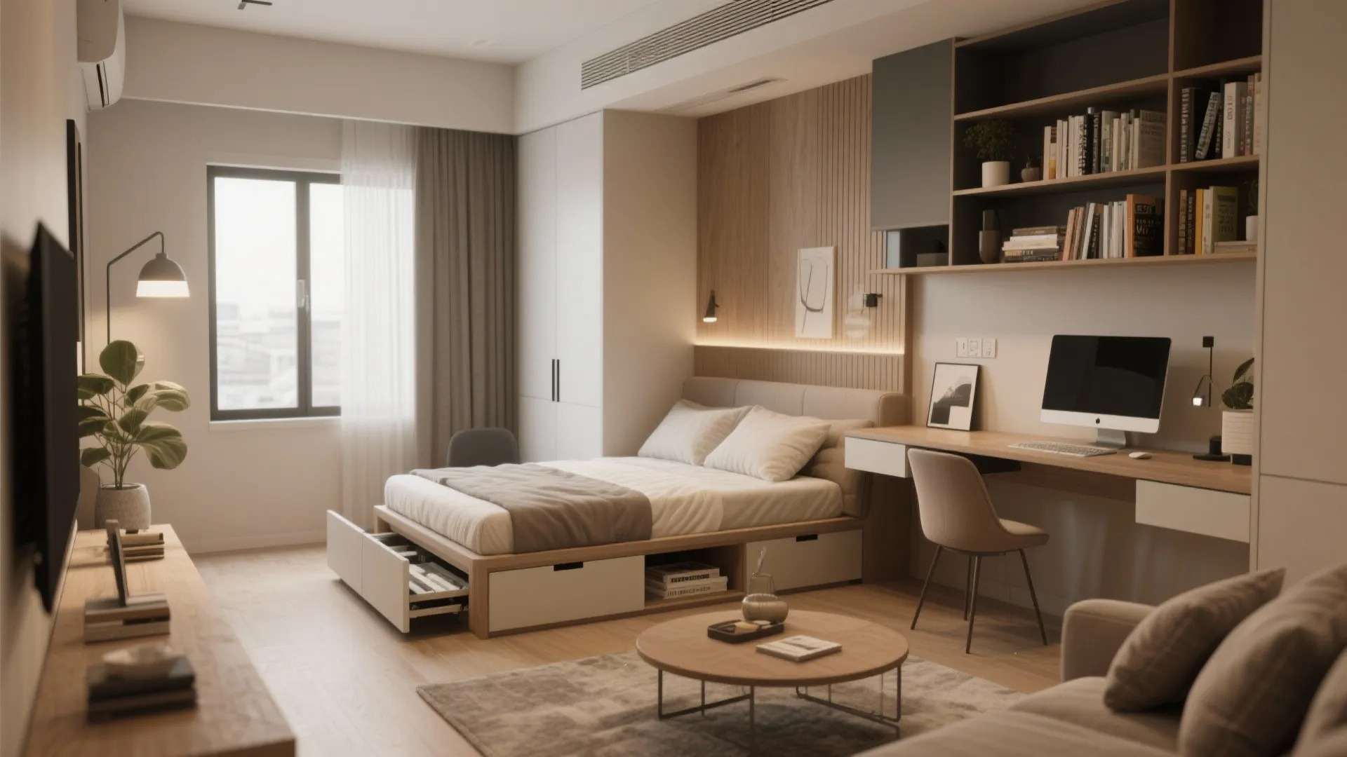 Modern bedroom with bed storage drawers wooden desk wall shelves computer and warm wall panel