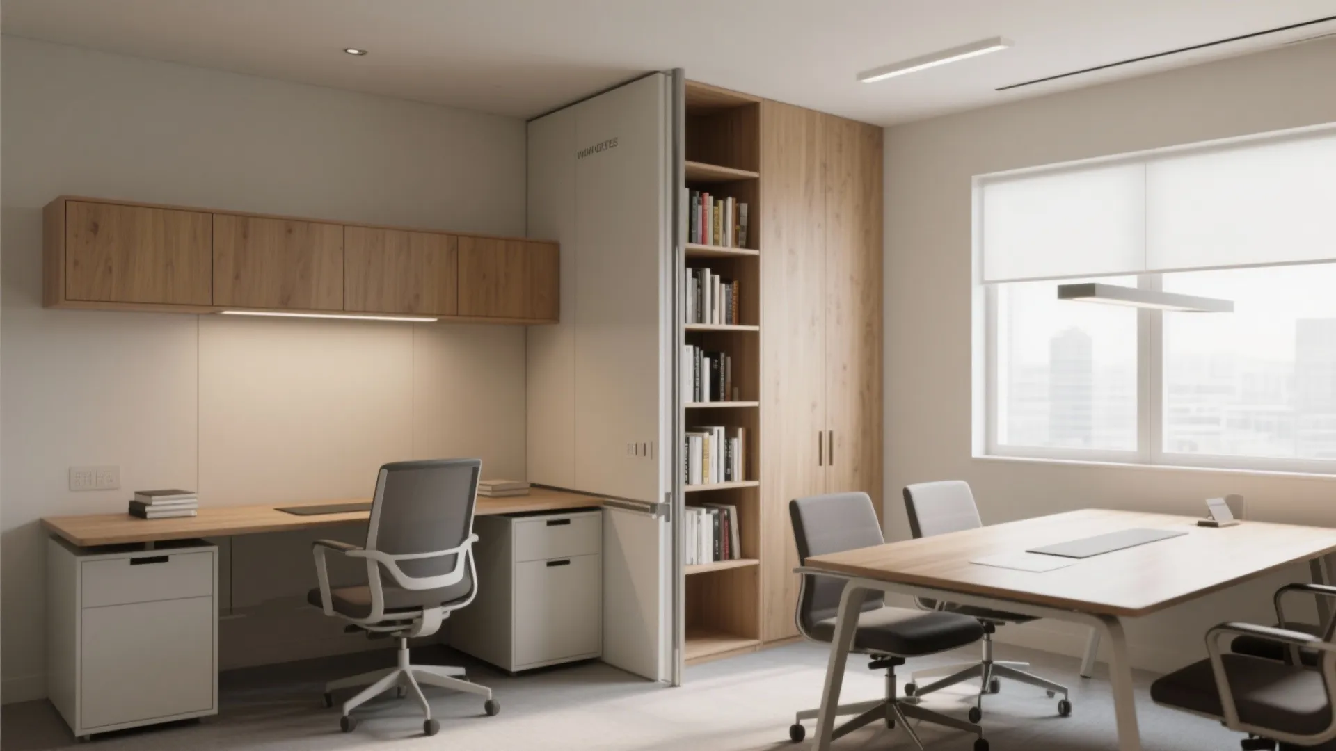Modern home office with wooden desks grey chairs bookshelf cabinets wall light and large window view