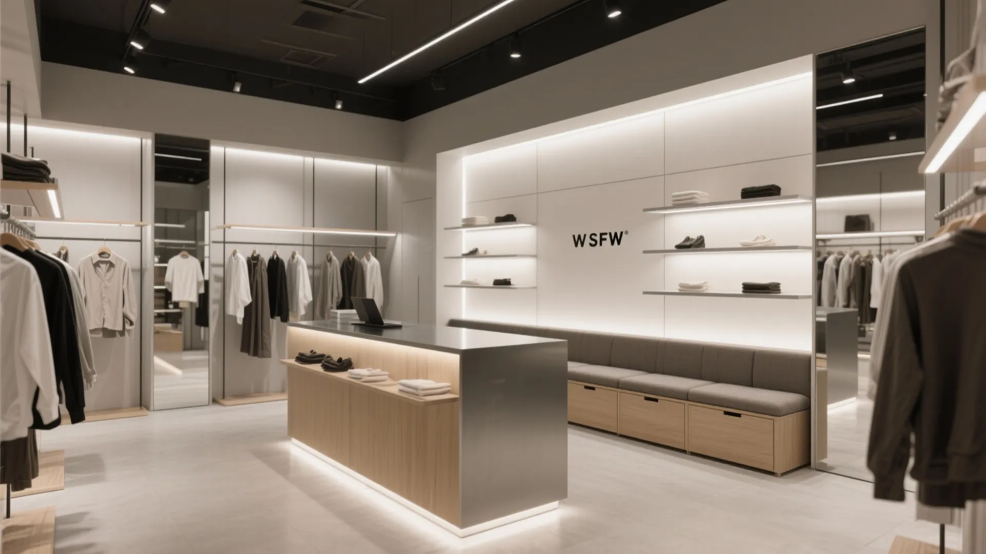 Minimalist clothing store with wooden counter grey bench hanging clothes display shelves and bright interior lighting
