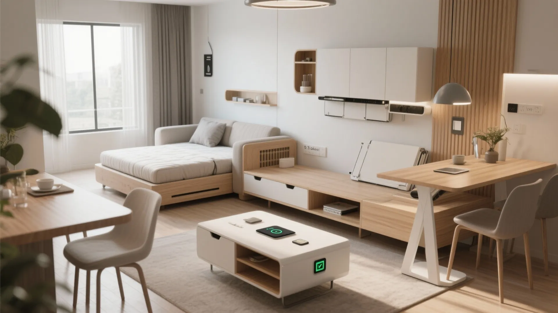 Modern studio apartment featuring a sofa bed wood dining table and white coffee table furniture