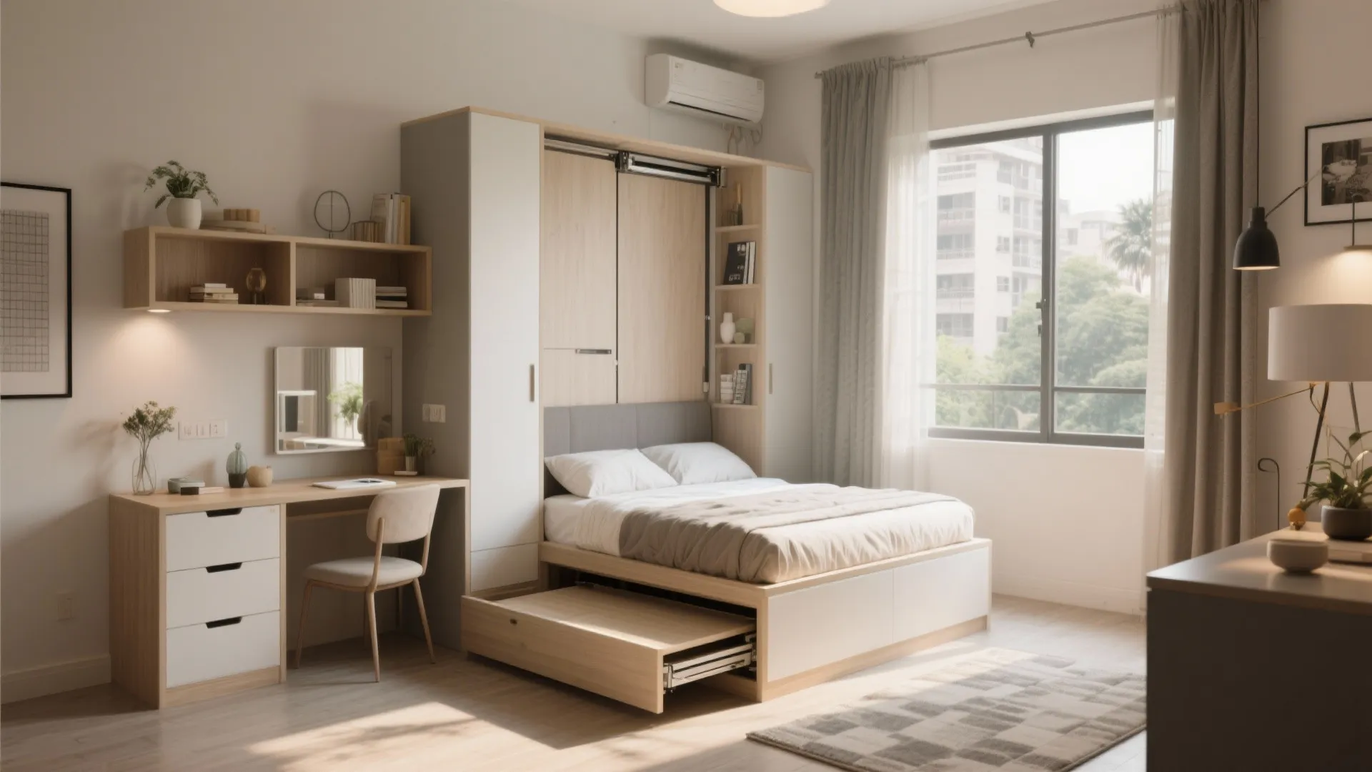 Small bedroom featuring a pull-out bed, wooden desk with chair, wardrobe, and large bright window