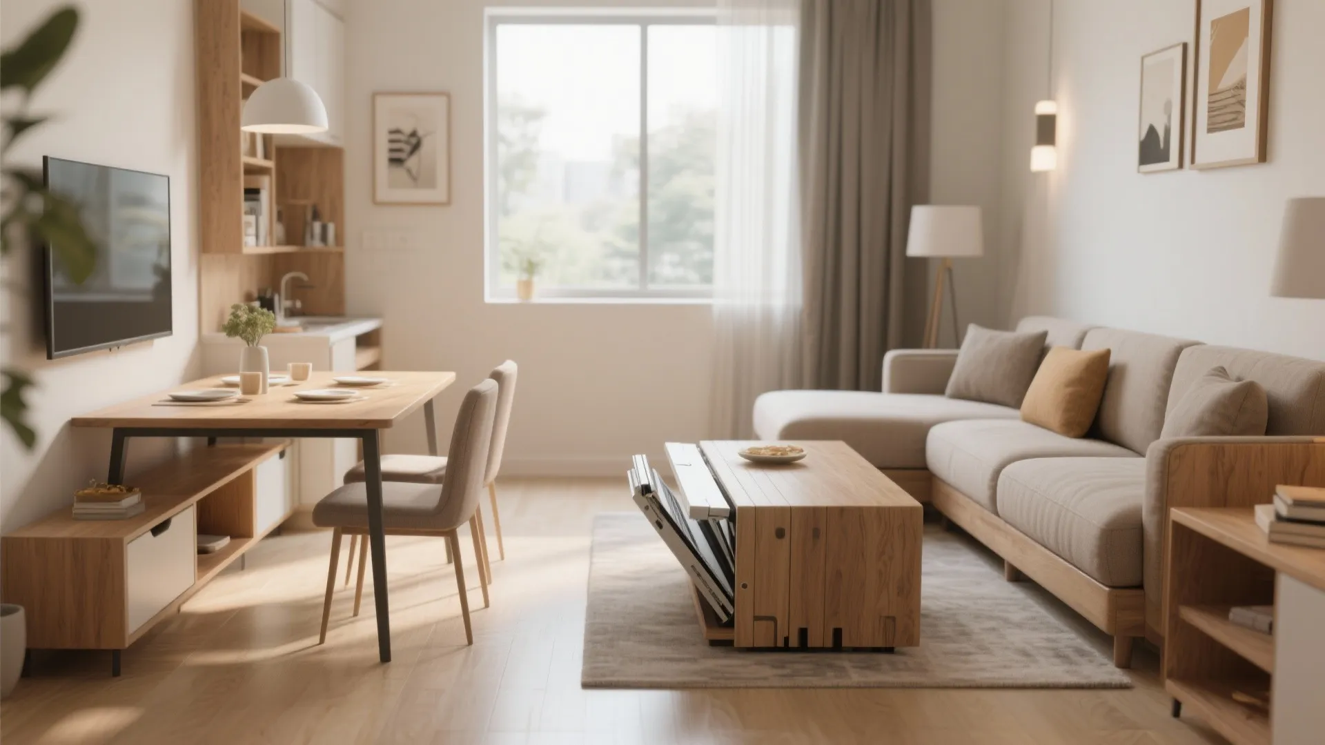 Living room featuring wooden coffee table with storage beige sofa dining table and large window