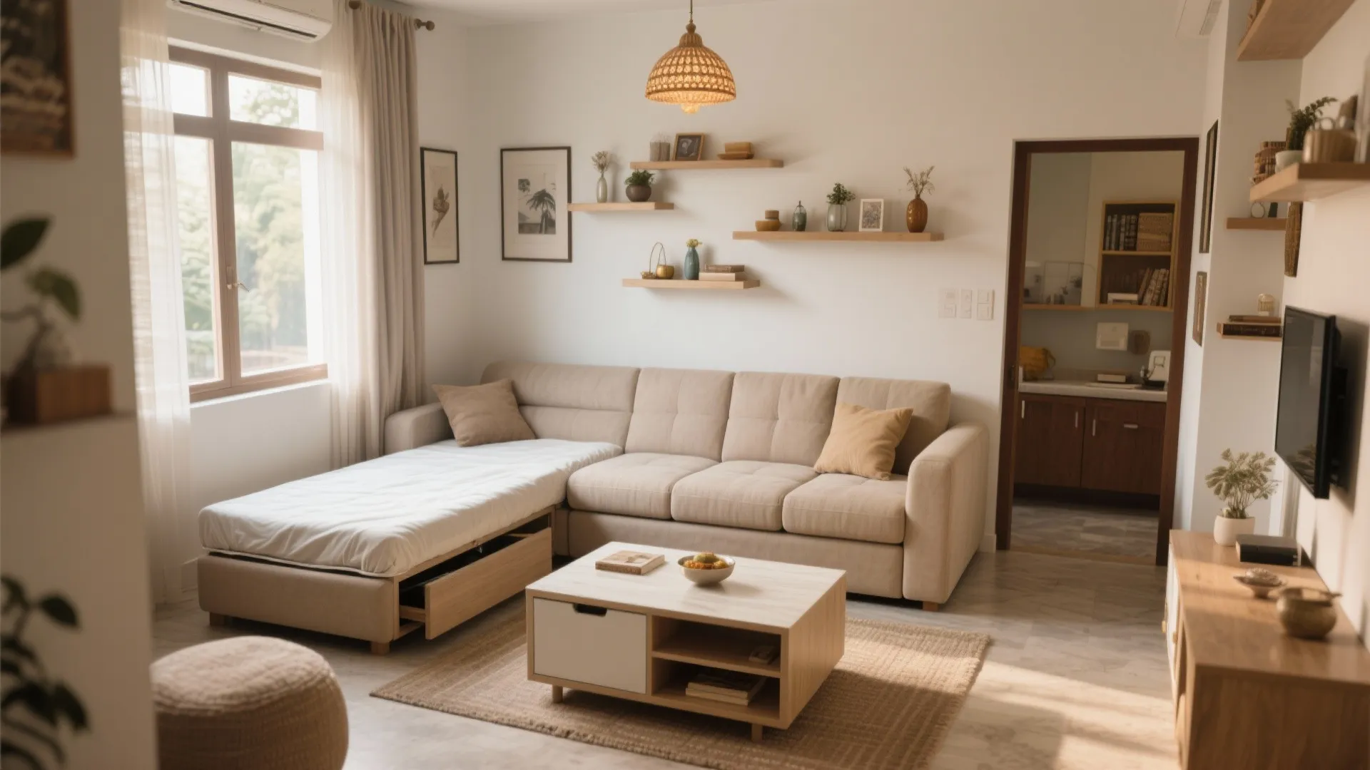 Bright living room featuring a beige sofa coffee table wooden shelves and a ceiling light
