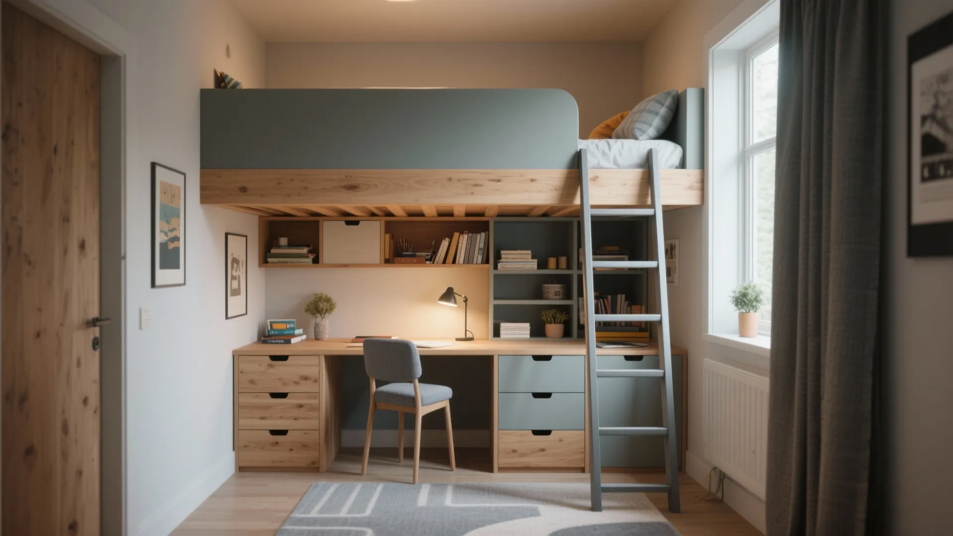 Space saving bedroom furniture featuring a loft bed above a wooden desk and storage shelves