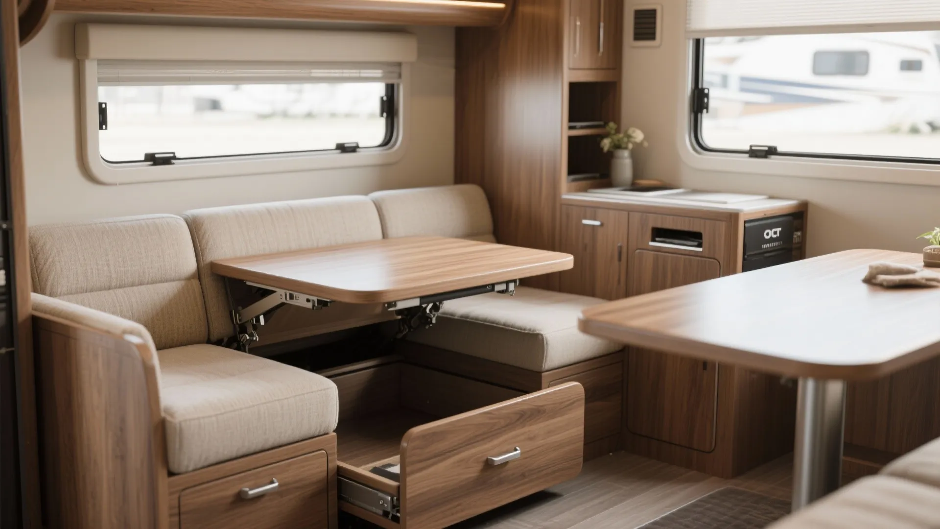Close-up of convertible sofa with lift-up dining table and integrated storage in an RV living area