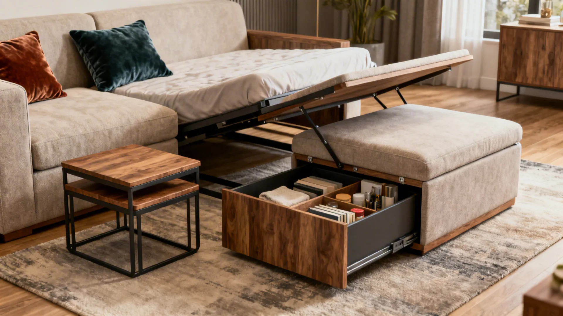 Small living room with sofa bed, nesting tables, and storage ottoman for flexible use