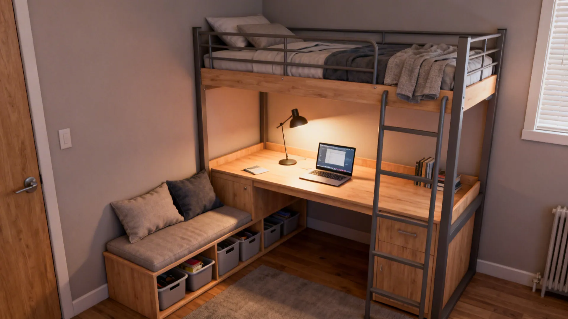 Wooden loft bed with desk featuring laptop desk lamp plus storage bench and grey seating