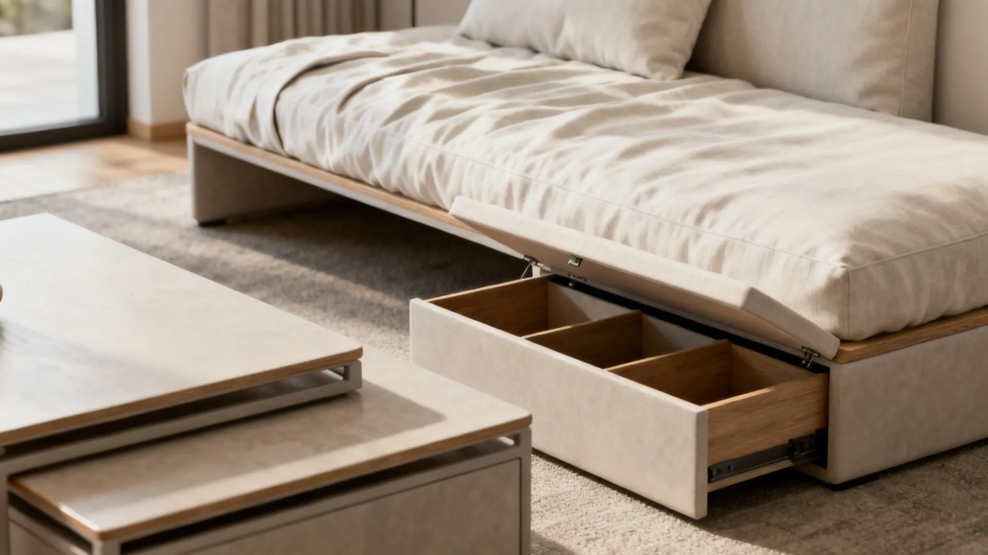Daybed sofa with storage ottoman and nested coffee tables showing multifunctional design