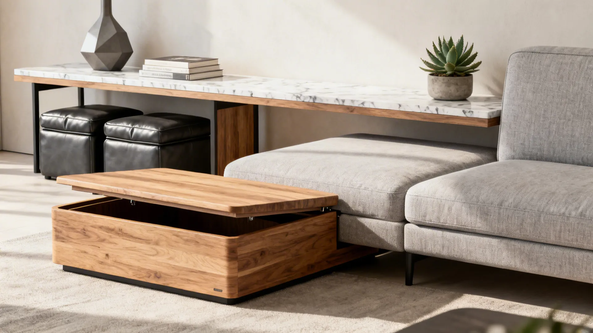 Small living room with compact sofa, lift-top ottoman and nesting stools demonstrating multi-functional furniture