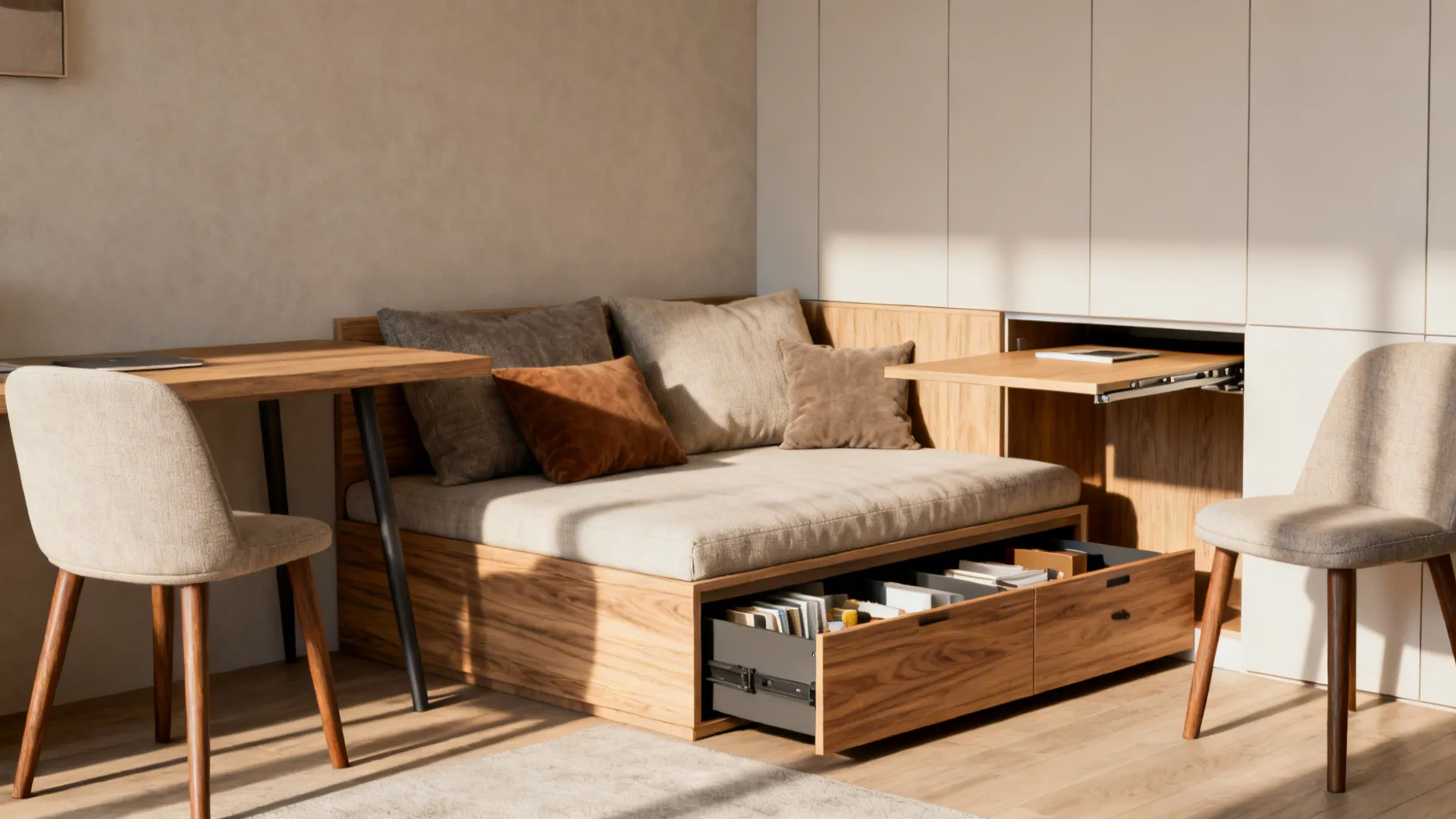 Micro-apartment with a storage daybed, fold-out desk, and furniture with exposed legs to maximize space.