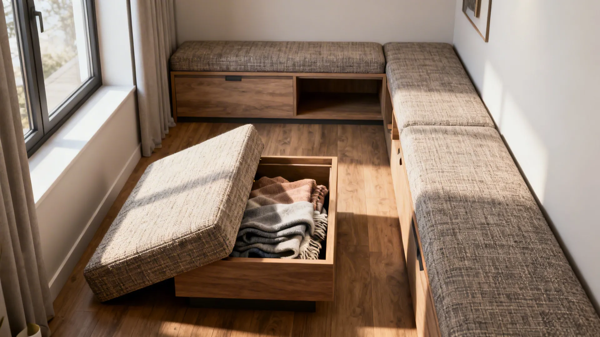 Narrow living room showcasing storage ottoman, bench with compartments and slim sofa.