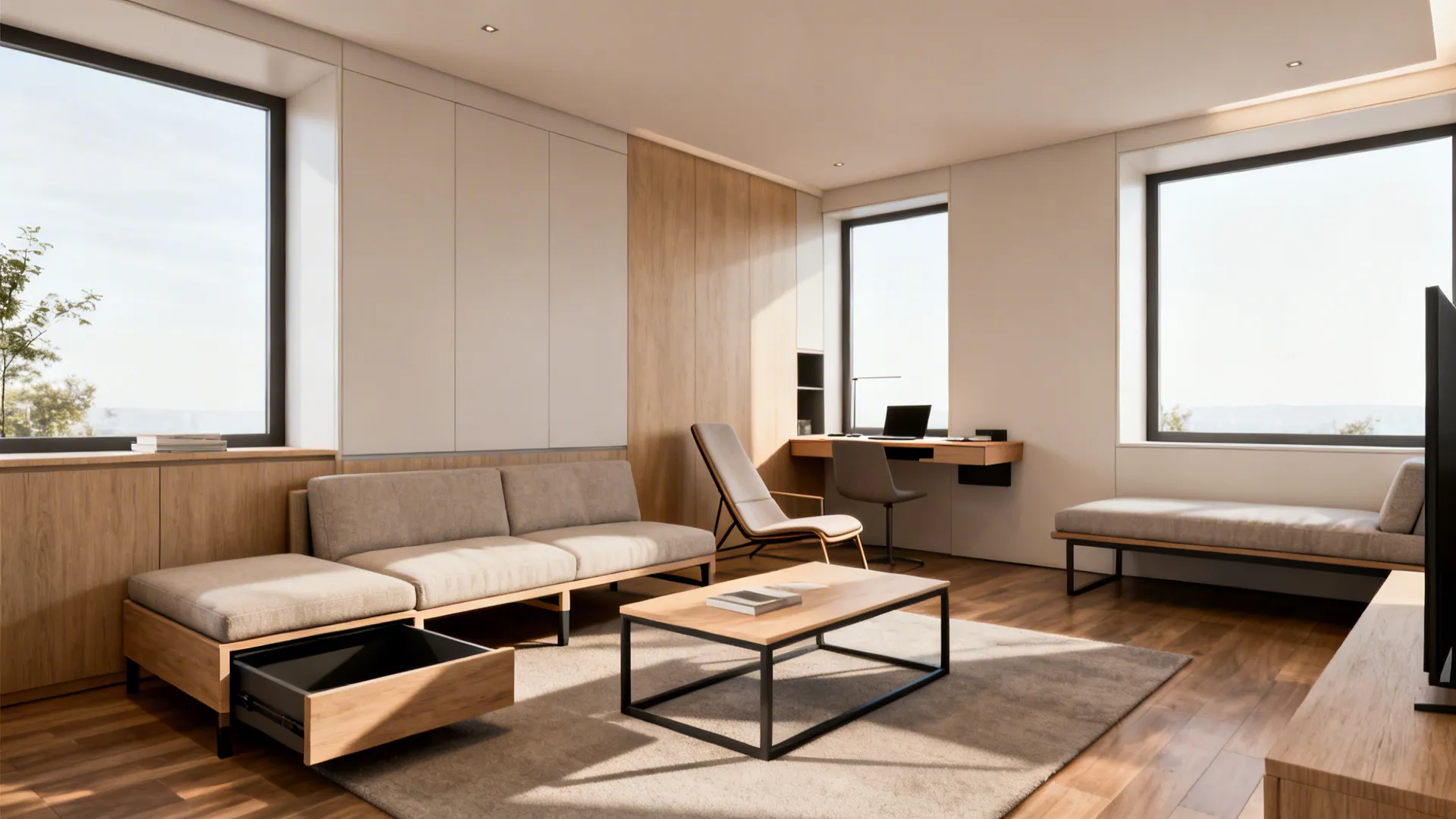 Compact living room with low-profile sofa, storage ottoman, slim chair, and compact desk for multi-function use.