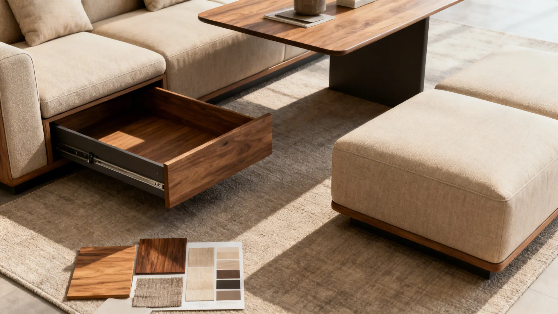 Beige sofa with an open wooden storage drawer sitting on a rug with material samples