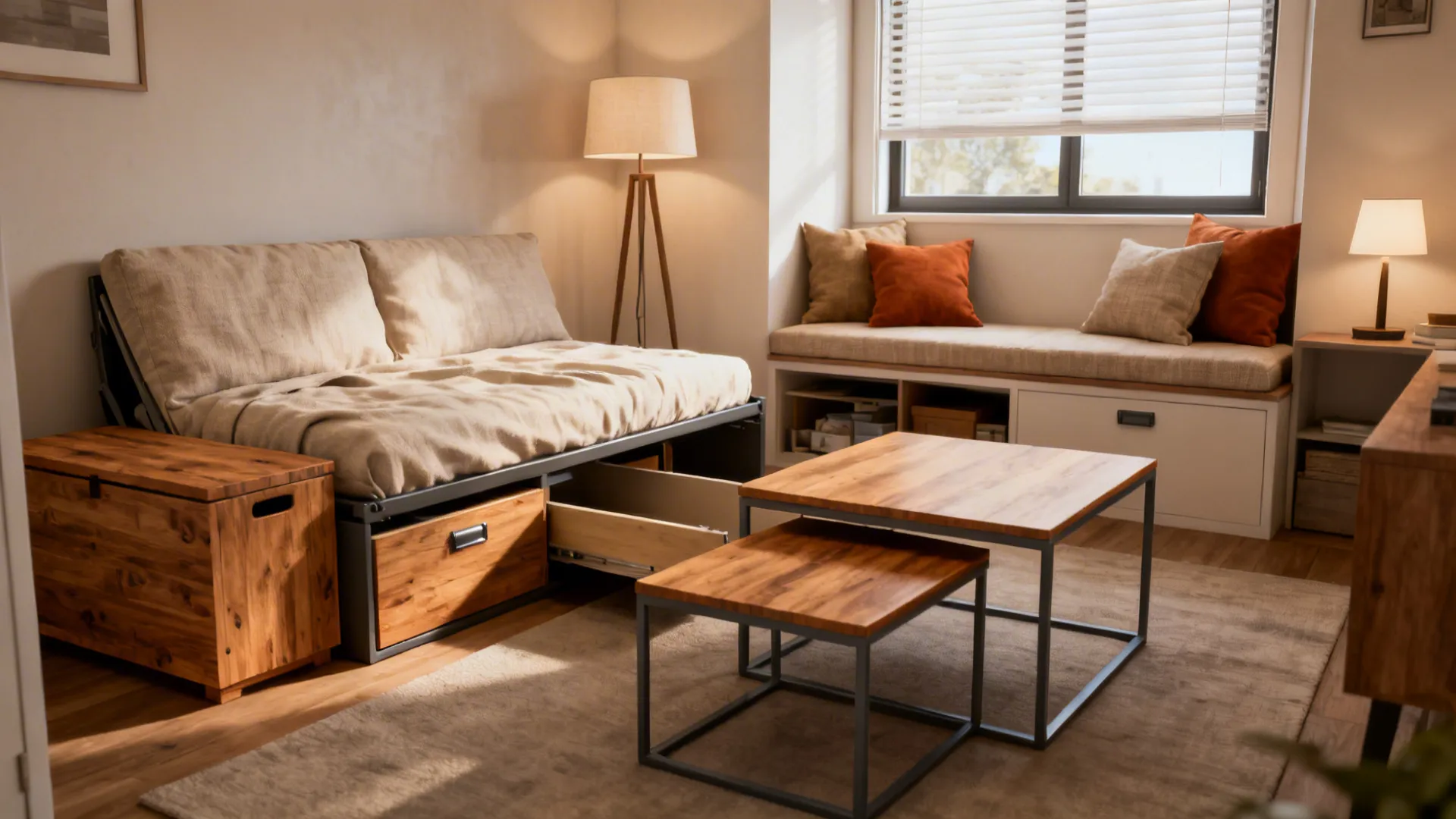 Compact living space demonstrating multifunctional pieces: sofa bed, storage ottoman, nesting tables, and window bench.
