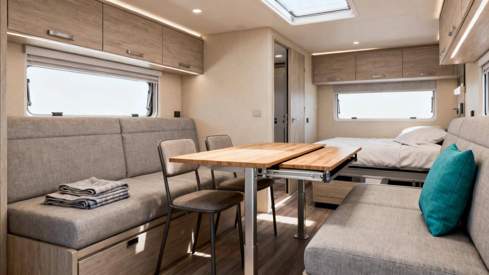 Small room layout with a wooden dining table grey sofa bed and light wooden cabinets
