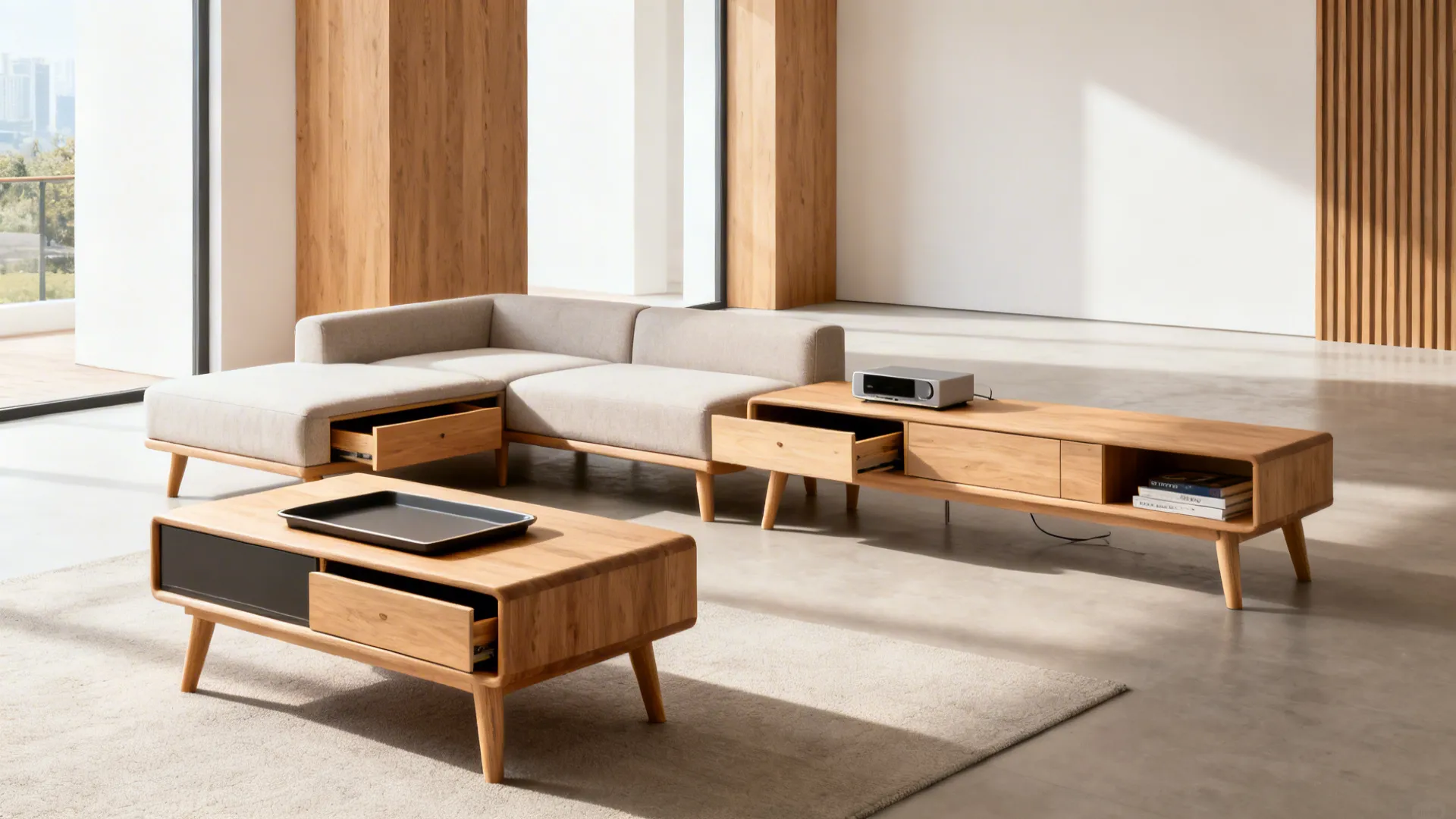 Compact living room with an ottoman coffee table, sectional with hidden storage, and a slim media unit.