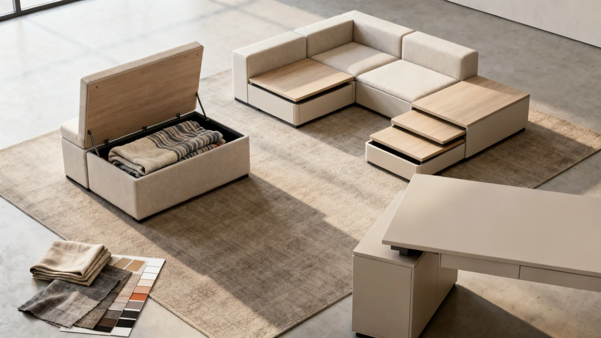 Beige modular sofa with built in storage for blankets and integrated pull out wooden tables
