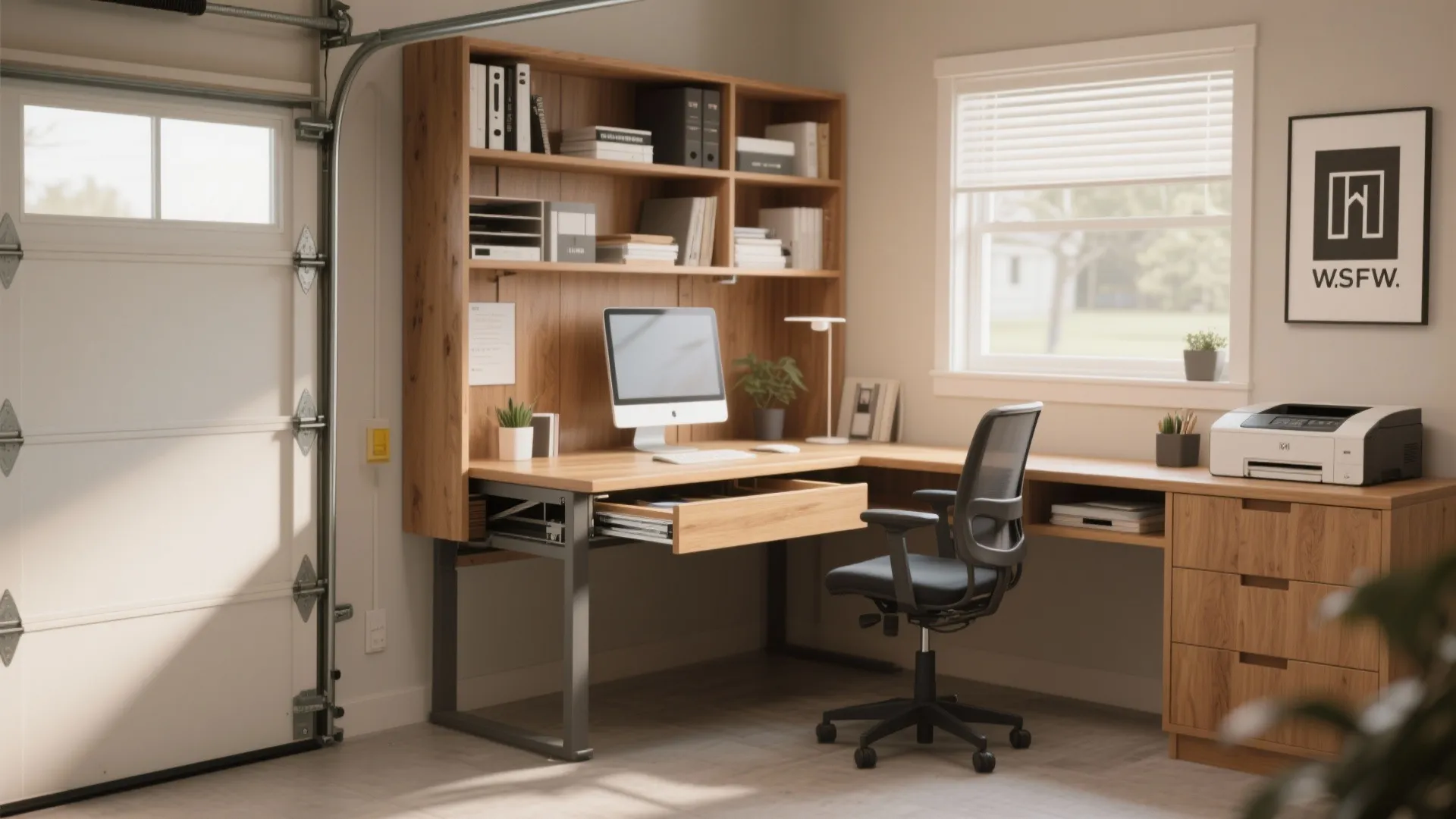 Garage converted into a home office with wooden desk, computer, ergonomic chair, shelves, and printer