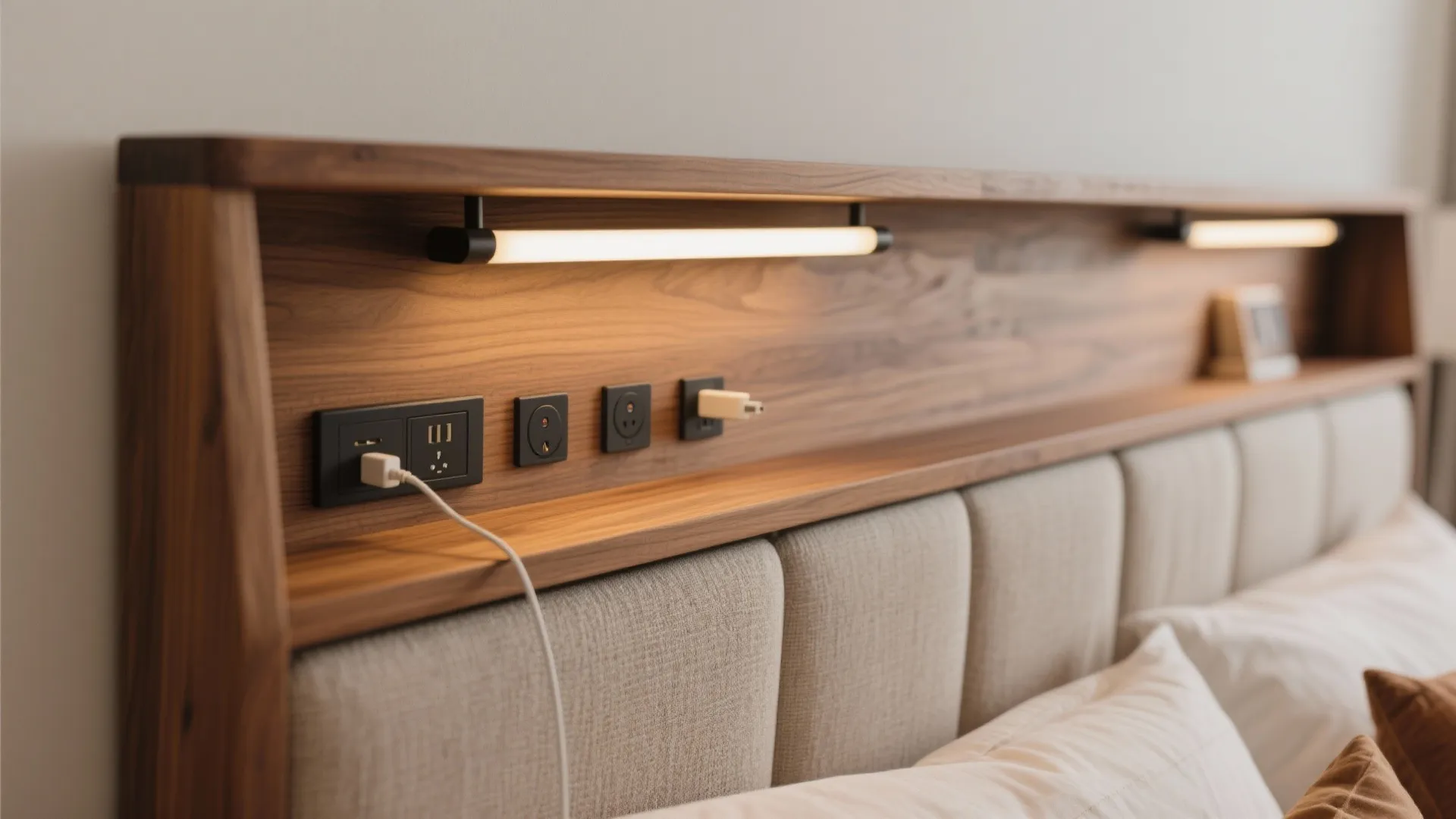 Close up of wooden bed headboard with built in power outlets light fixture and charging cables