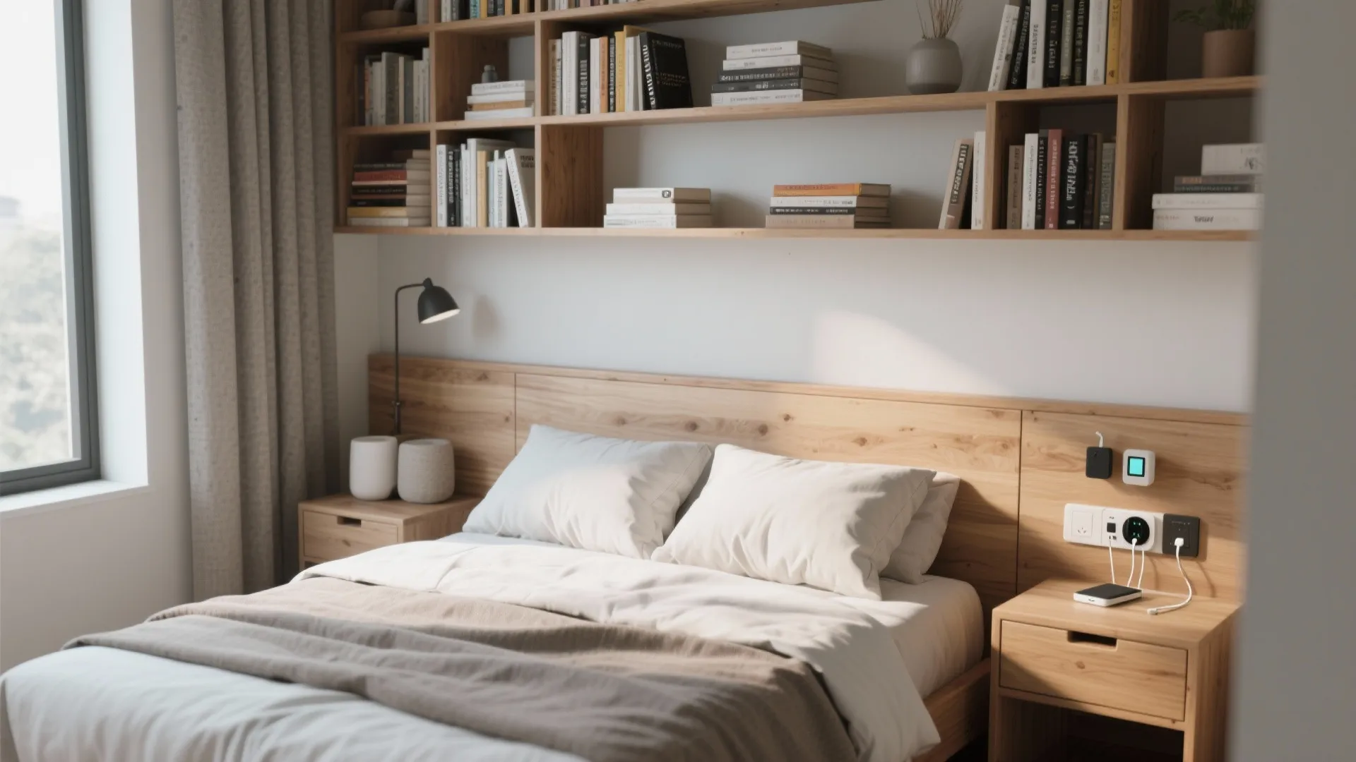Modern wooden bedroom headboard featuring built-in bookshelves with white pillows and a small bedside lamp