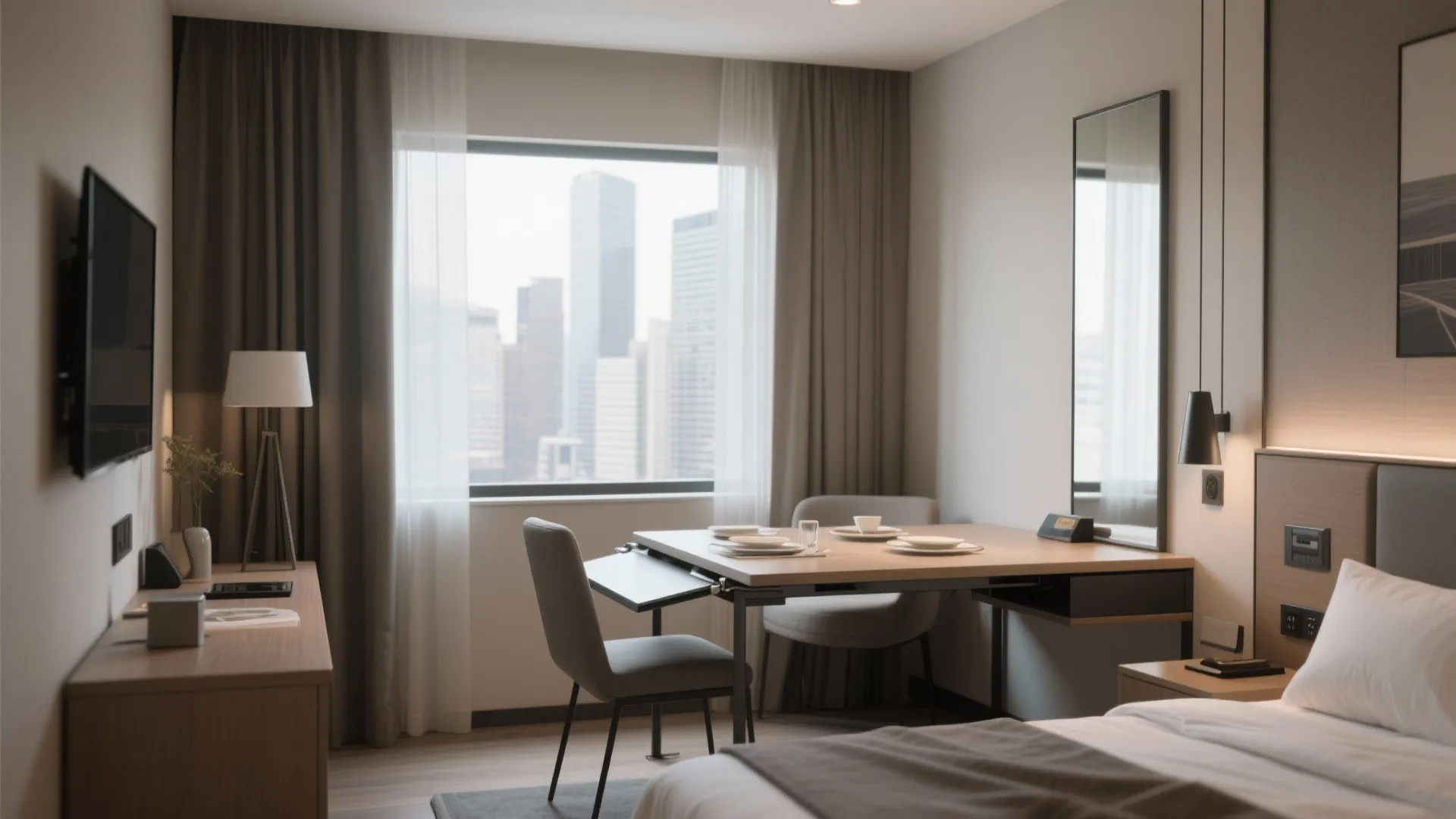 Modern hotel room with wood dining table grey chairs window city view and wall mounted television