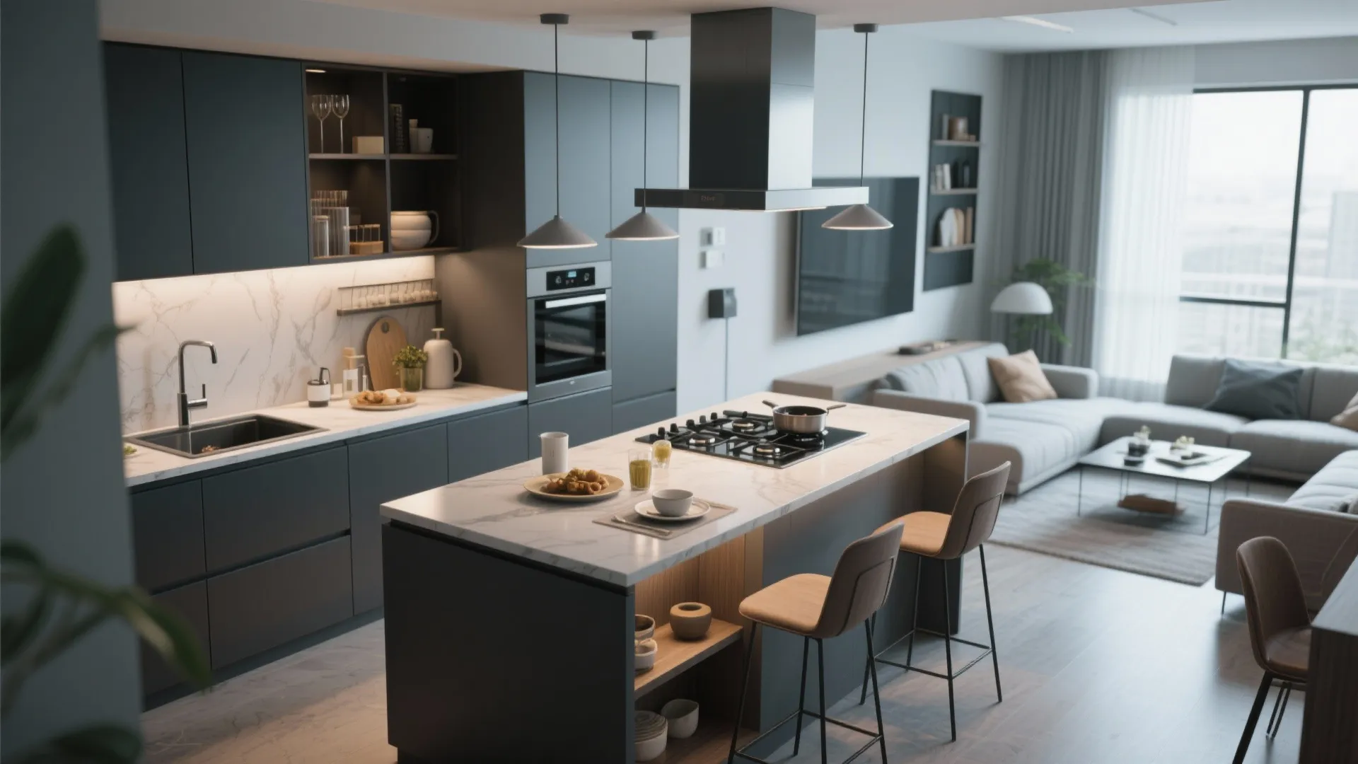 Dark grey kitchen with marble island, breakfast bar, three hanging ceiling lights, and open-plan living