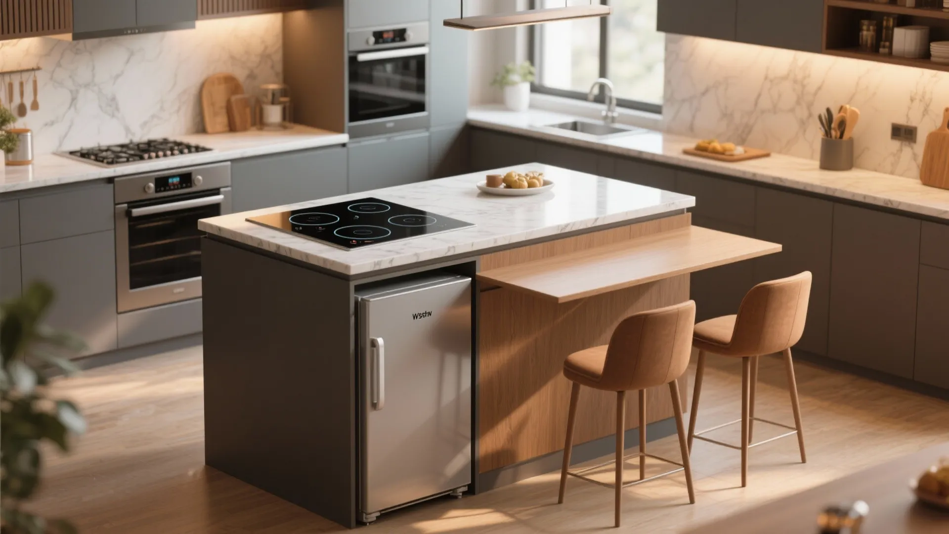 Grey kitchen island with cooktop plus small fridge and wooden breakfast bar with two chairs