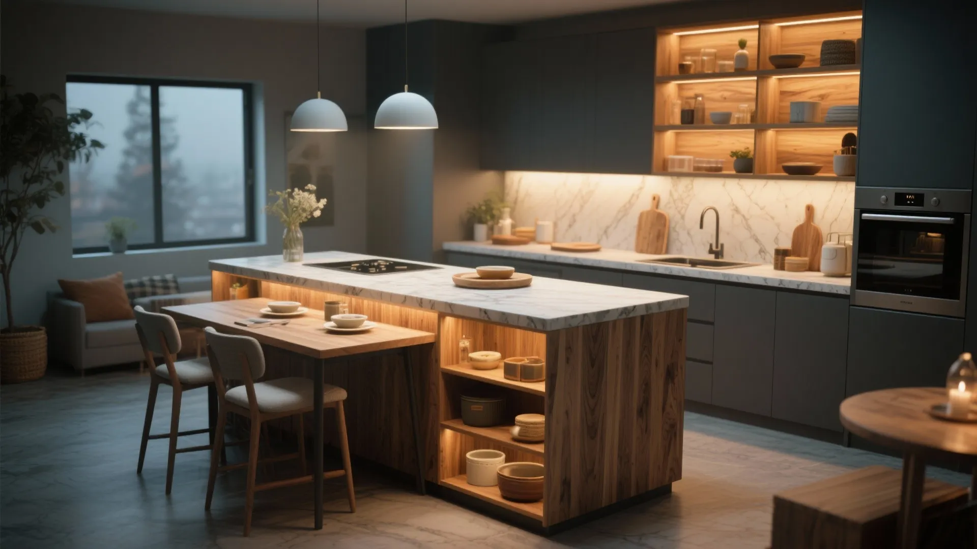 Large kitchen island with marble top wooden shelves chairs ceiling light and integrated dining table