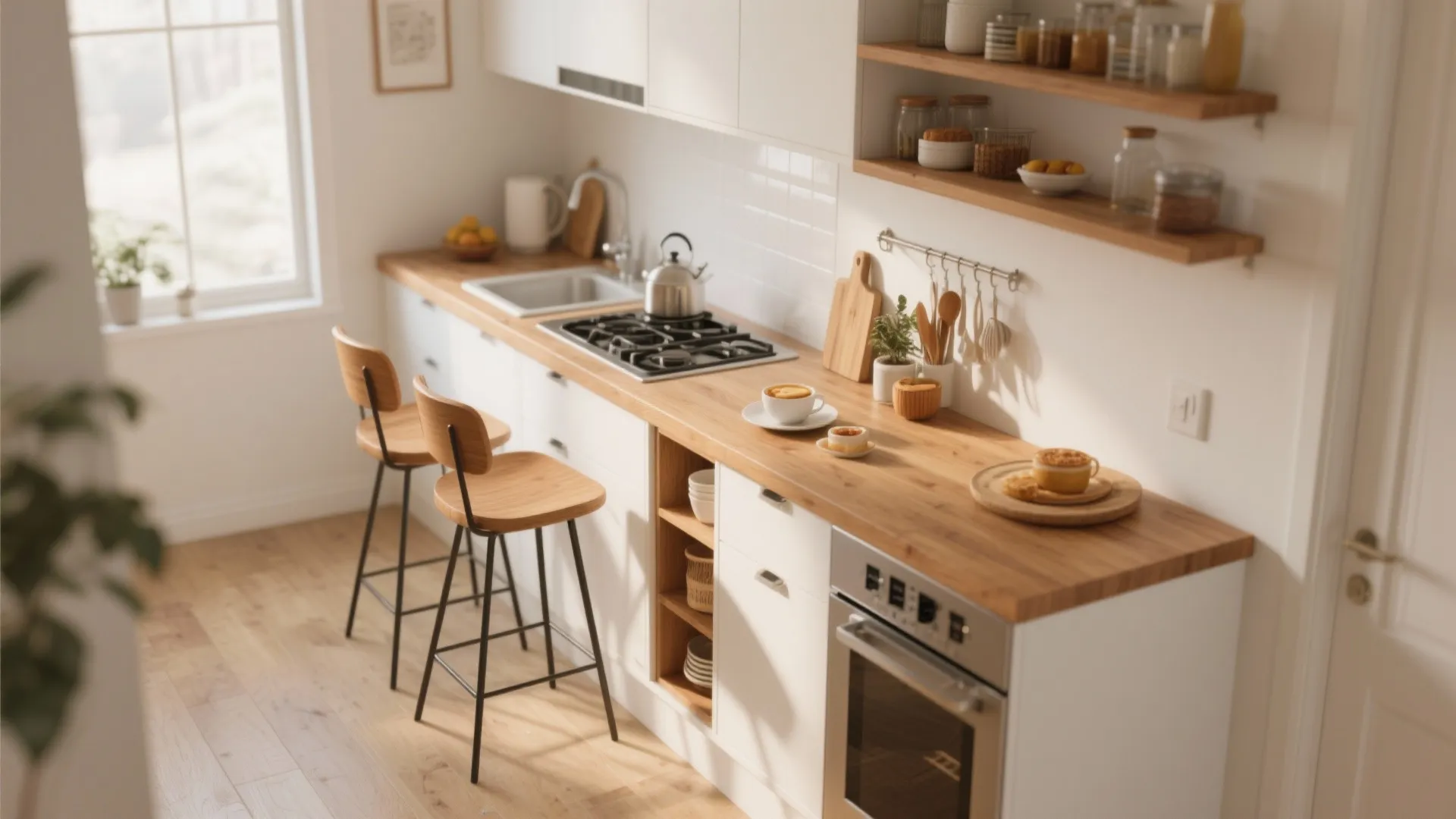 Small kitchen with wooden countertop gas stove two bar chairs open shelves and bright window