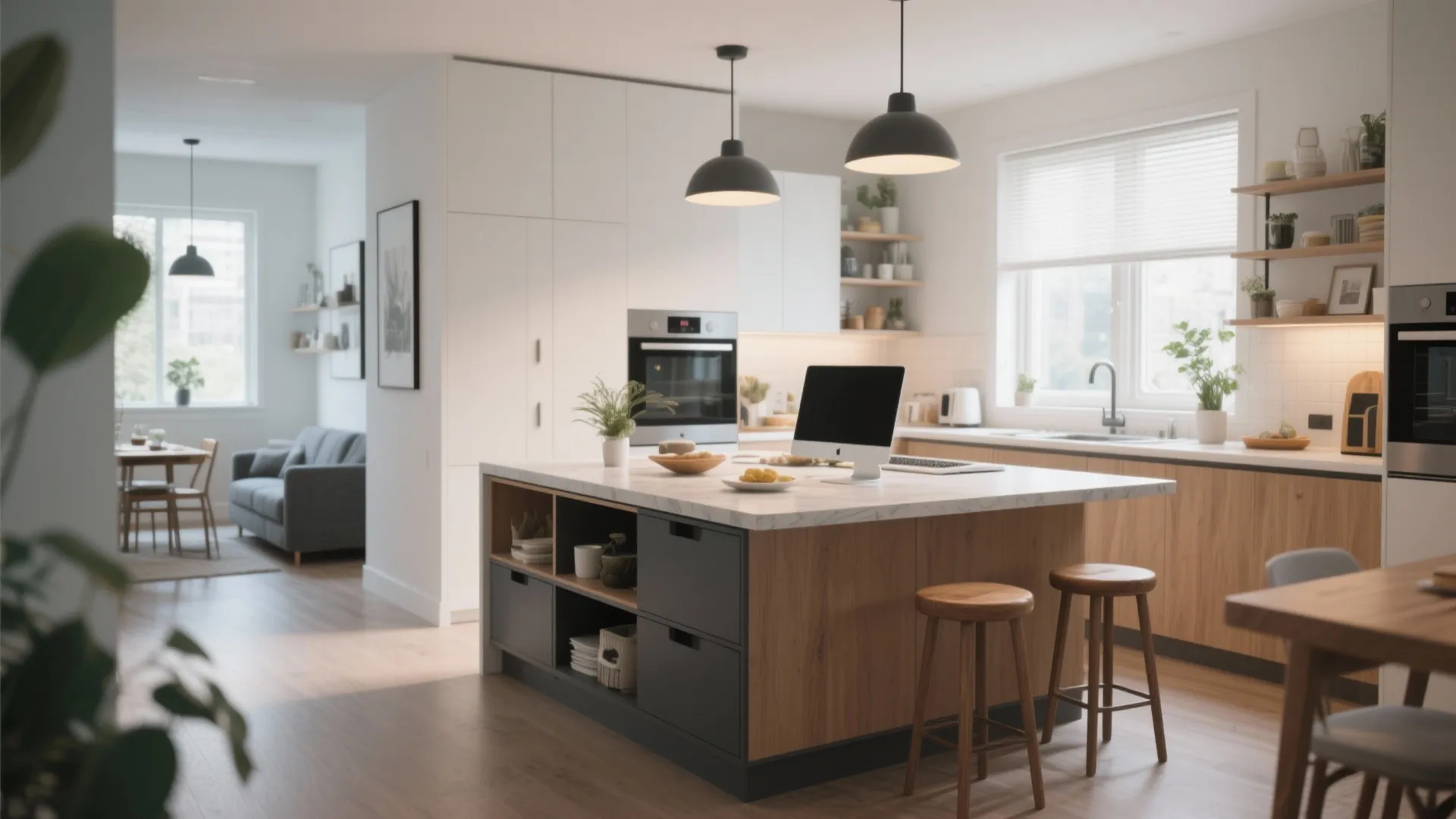 Kitchen island doubling as dining and work space