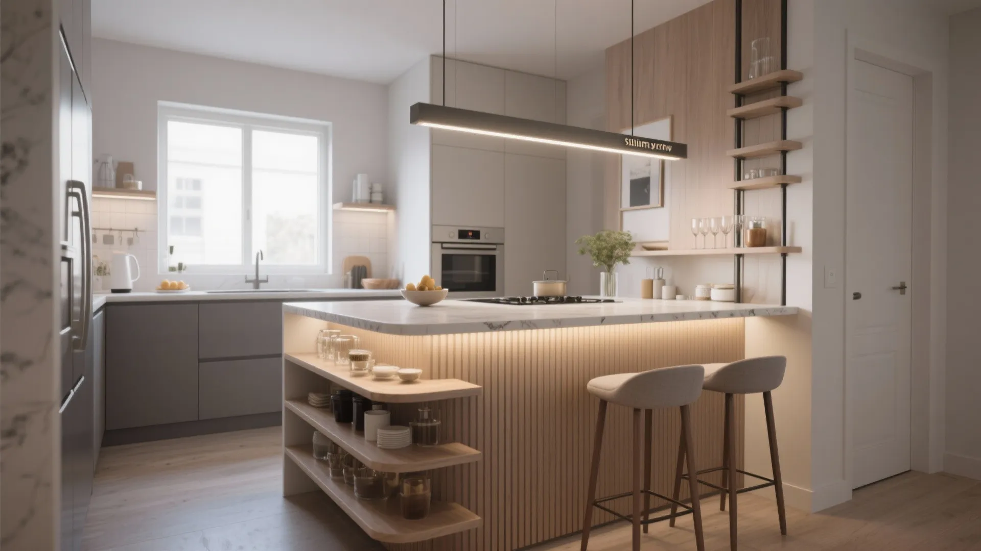 Slim profile kitchen island with shelves and bar seating in a small kitchen