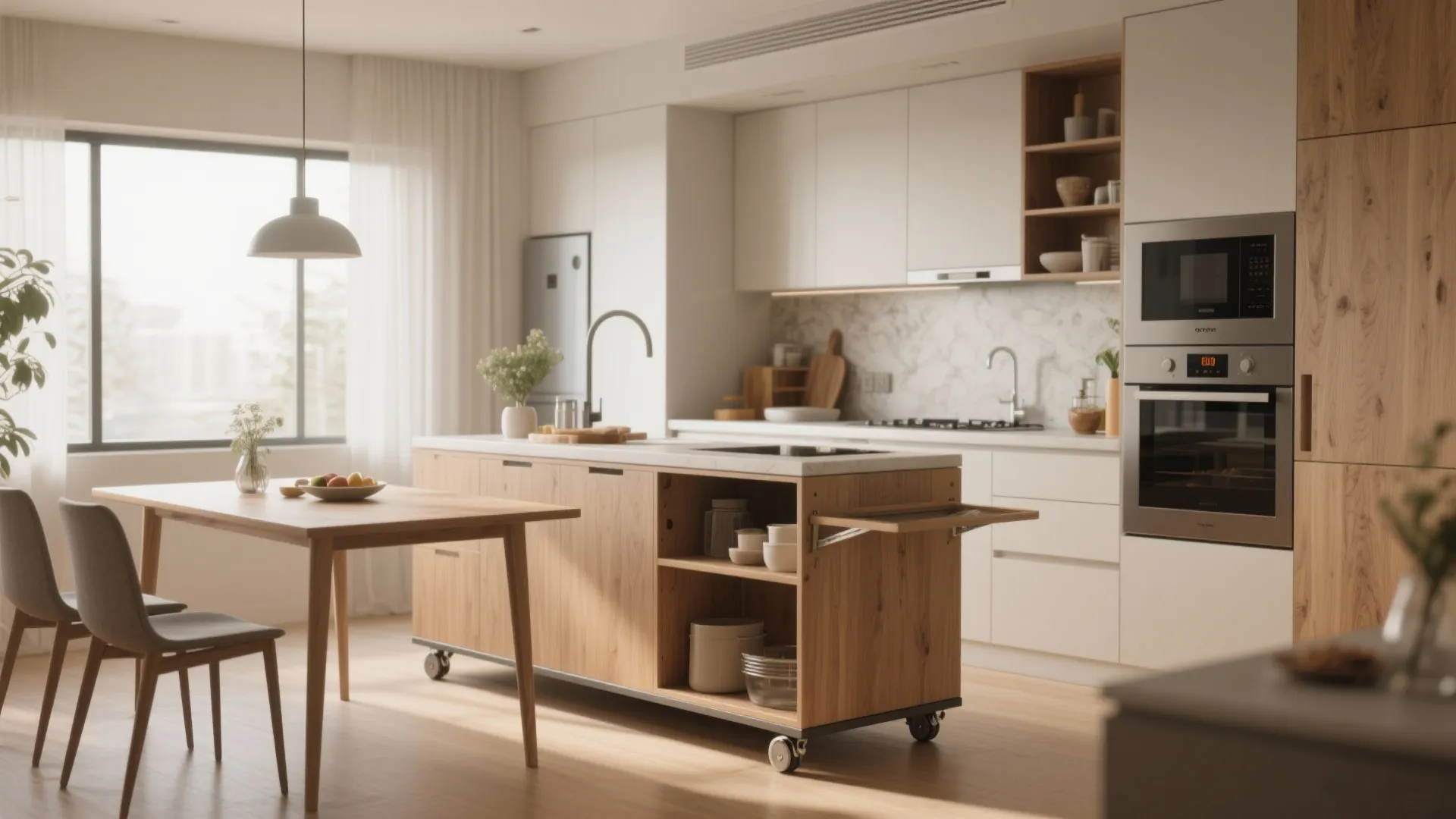 Modern kitchen with wooden island dining table set white cabinets and large window with light