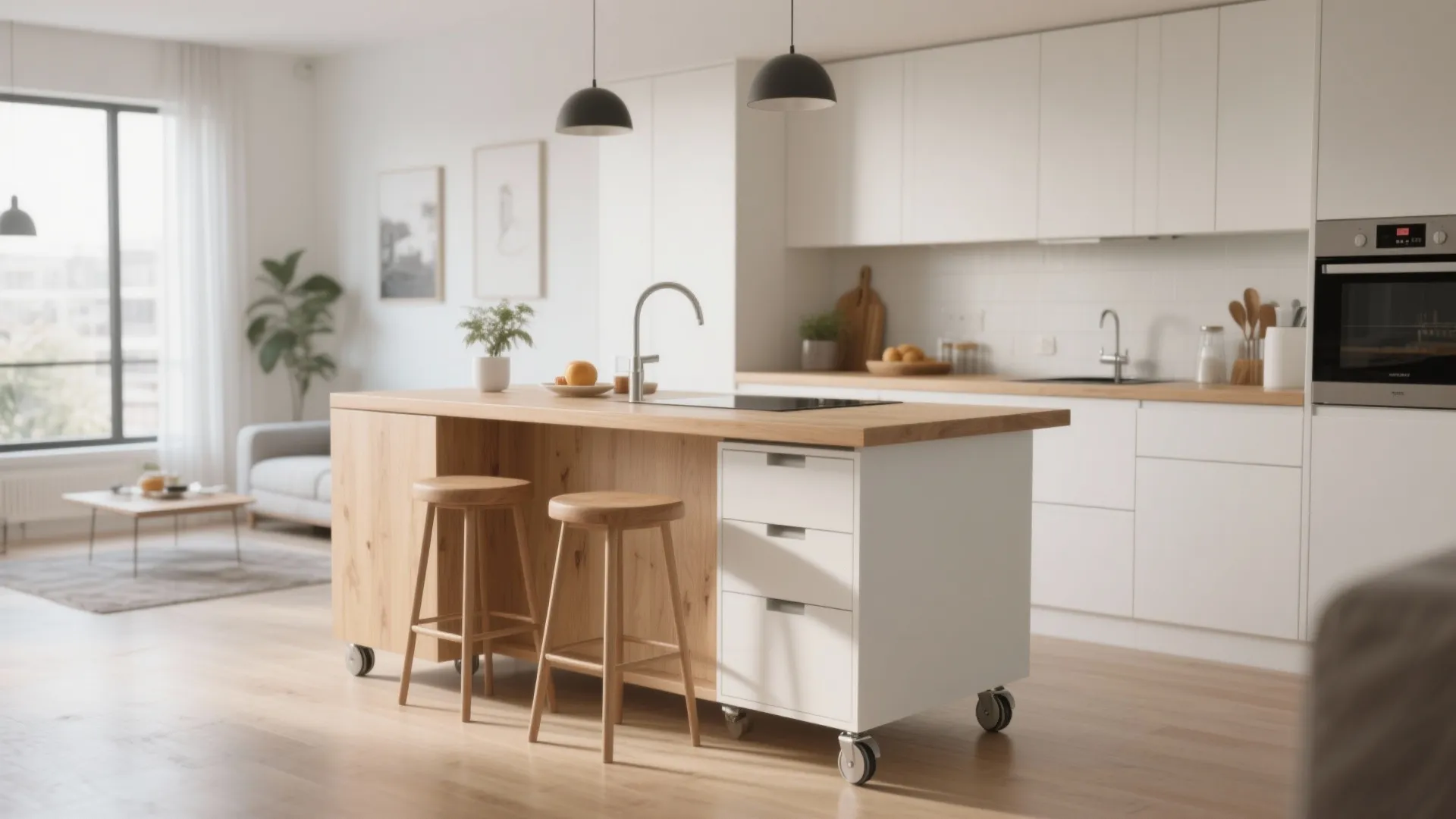 Mobile kitchen island on wheels with wood top and white drawers beside two wooden bar stools