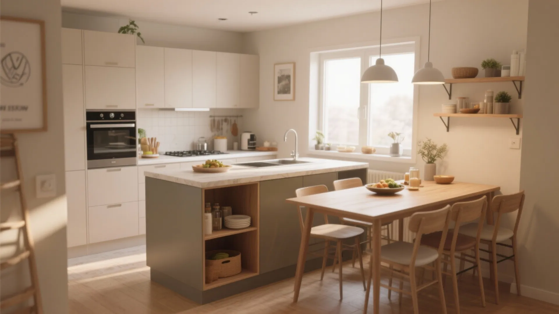 Modern cream kitchen with a green island wooden dining table white cabinets and ceiling light