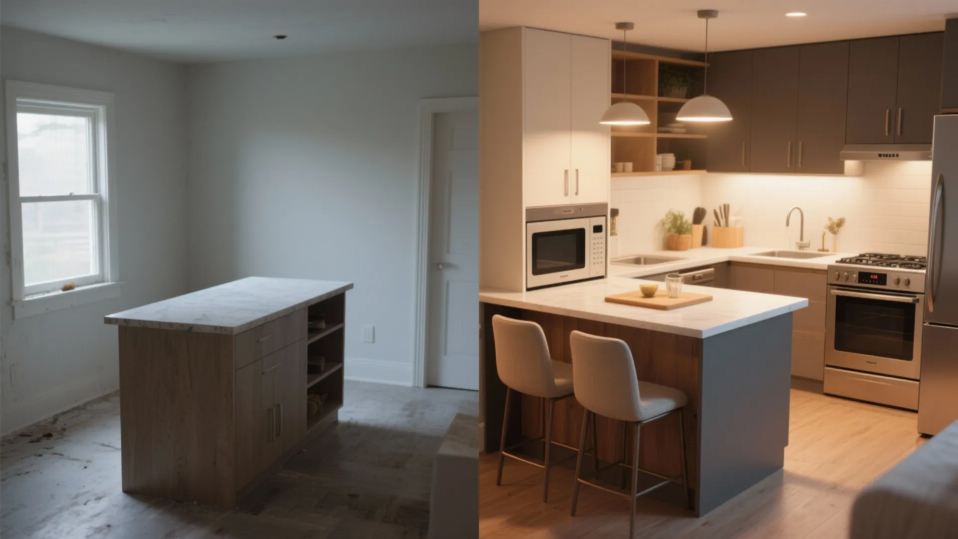 Before and after comparison of an empty kitchen space versus a finished modern kitchen design