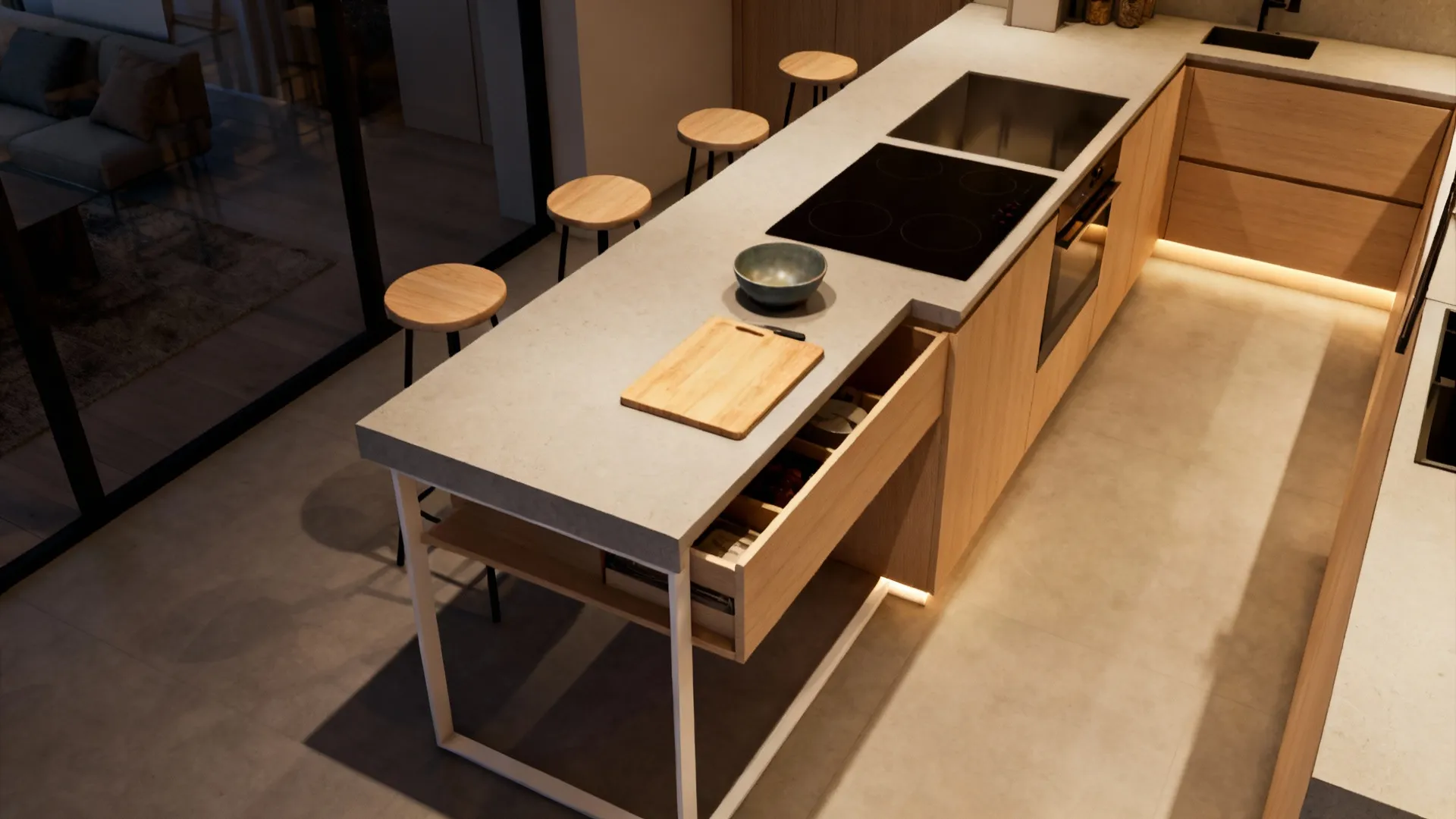 3. Multi-functional island with seating and prep space