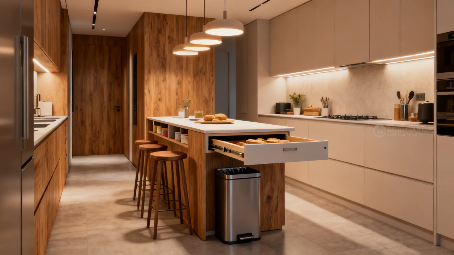 Slim kitchen island with pull-out breakfast bar and integrated storage optimized for narrow spaces.
