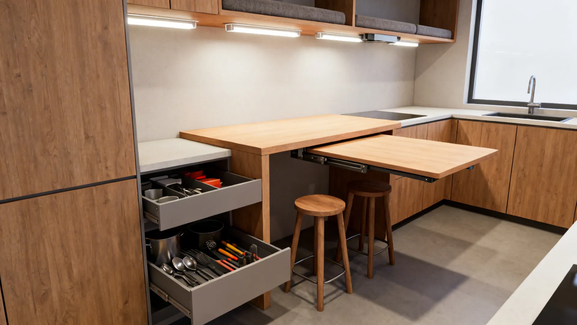 Narrow island with storage and fold-down table showing clearances in a compact kitchen.