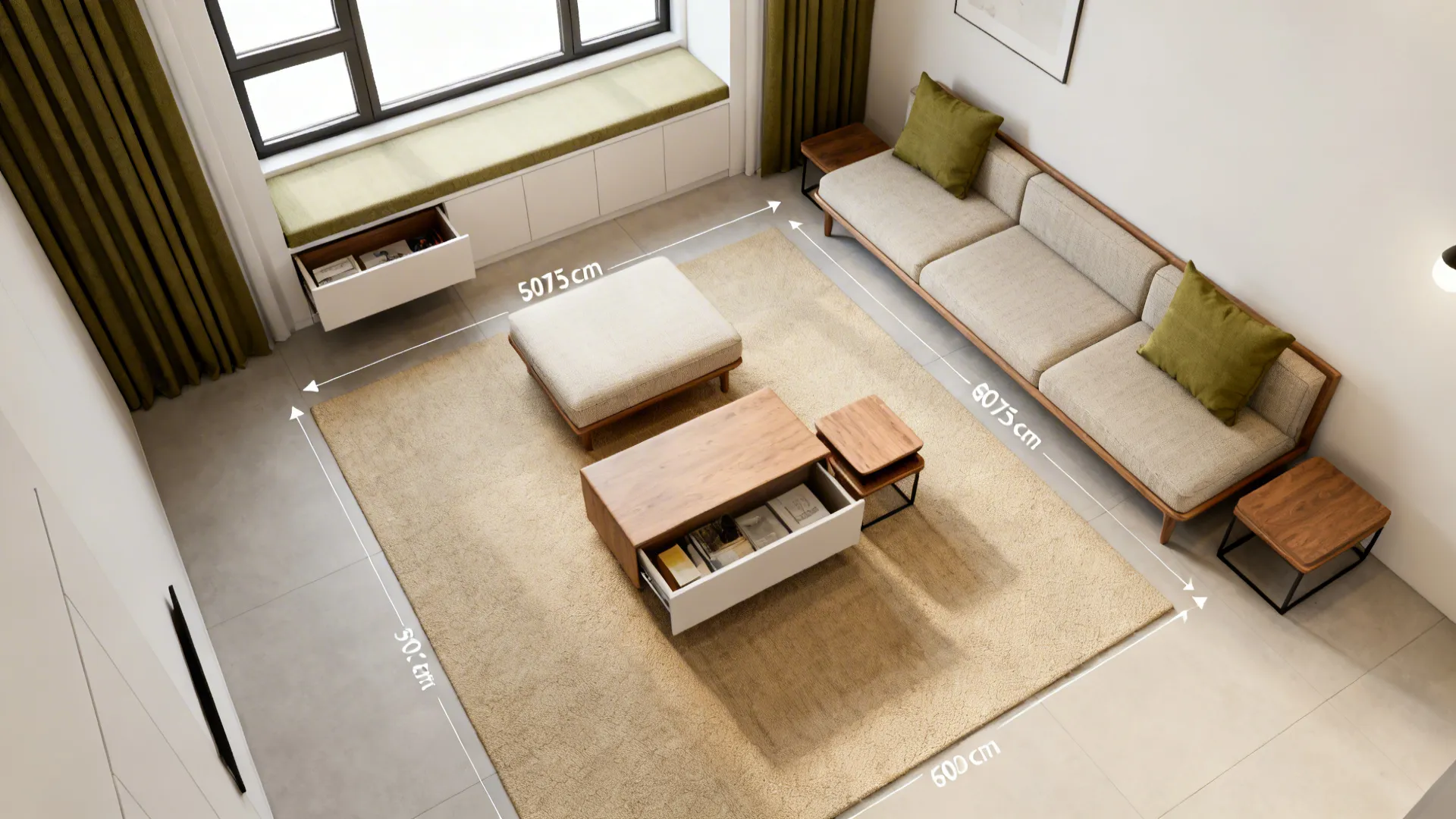 Top-down view of a compact drawing room with storage ottoman, nesting tables, and window bench seating.