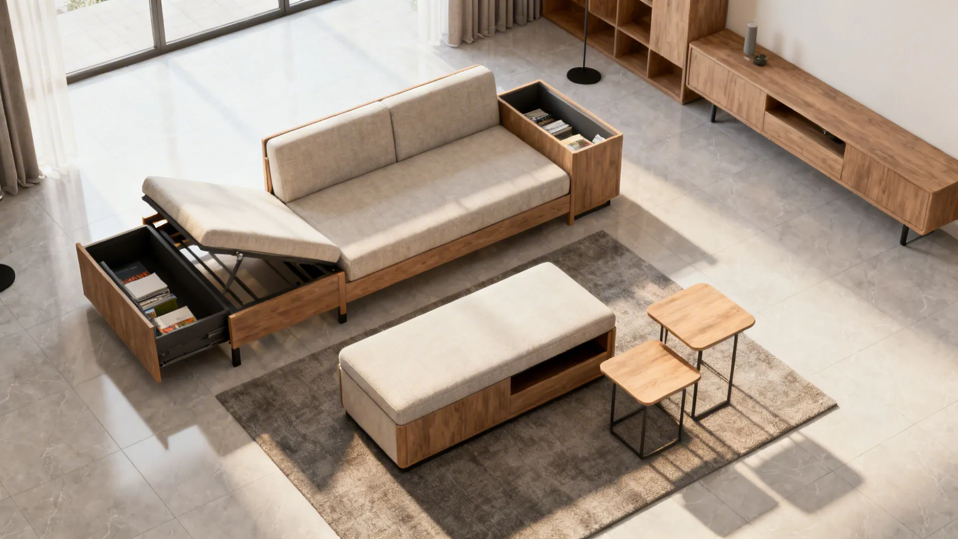 Top-down view of a small living room showing sofa bed, storage ottoman and nesting tables with clear pathways.