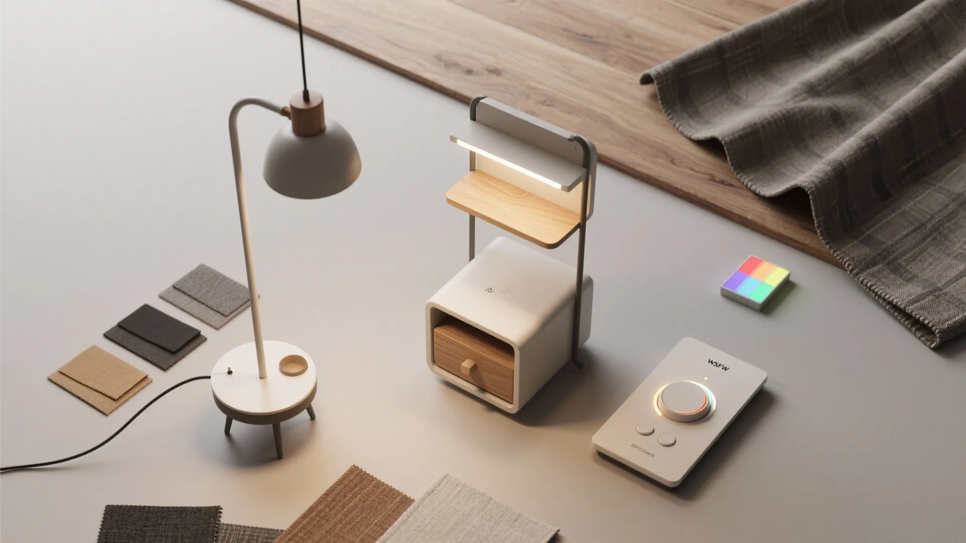 Table desk lamp with wood cabinet and small control panel next to fabric color samples