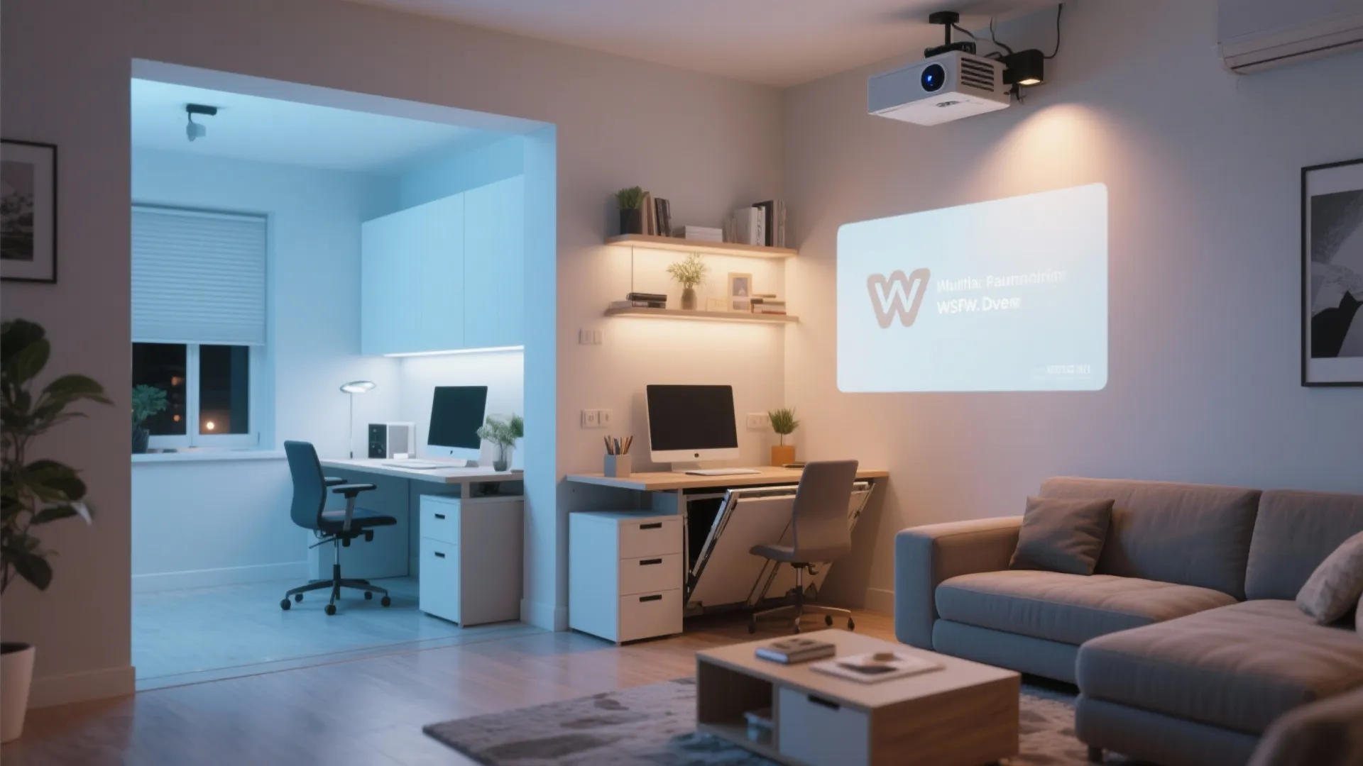 Multifunctional living room with grey sofa plus home office area featuring two desks and projector