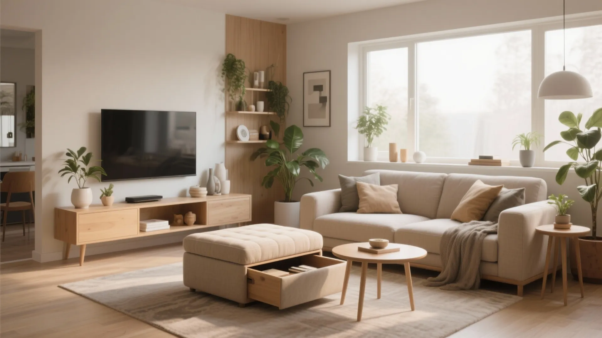 Modern living room featuring a cream sofa wooden cabinet and footrest with extra storage drawer